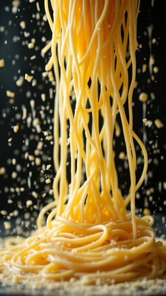 Pasta being tossed with creamy sauce, strands of spaghetti in mid-air with melting Parmesan cheese.