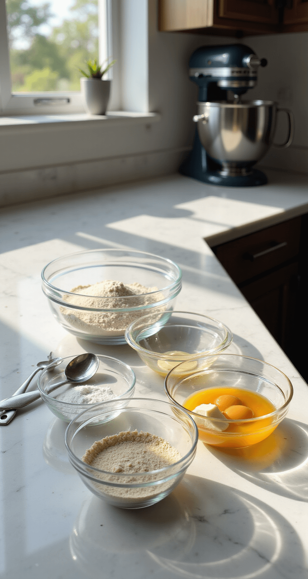 A bright modern kitchen counter with baking ingredients in glass bowls, including flour, sugar, eggs, and butter, alongside measuring tools, illuminated by morning light, featuring a marble surface and a stand mixer in the background.
