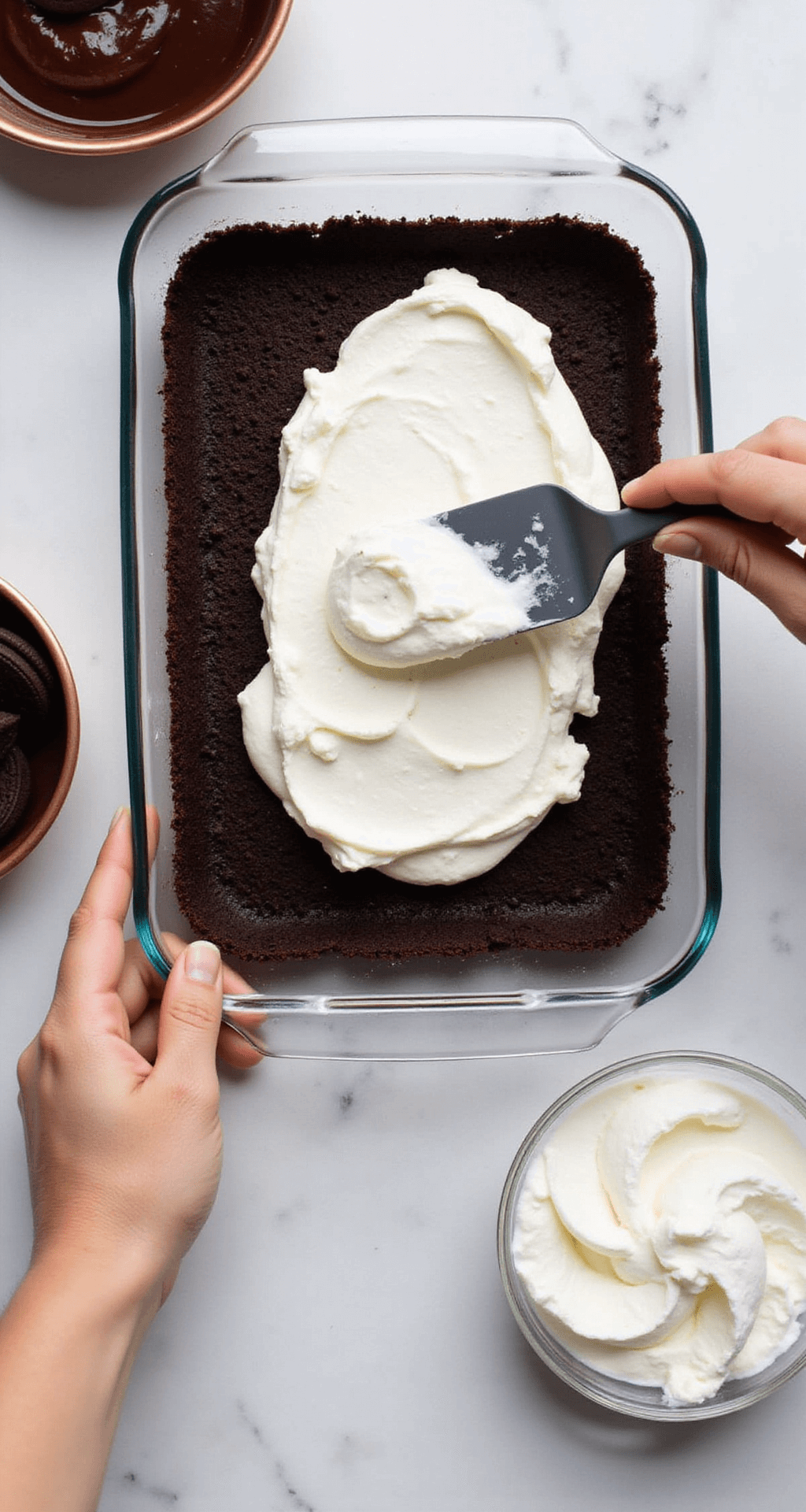 Overhead view of a glass dish with Oreo crust, cream cheese layer being spread, chocolate pudding in a bowl, and whipped topping swirls nearby.