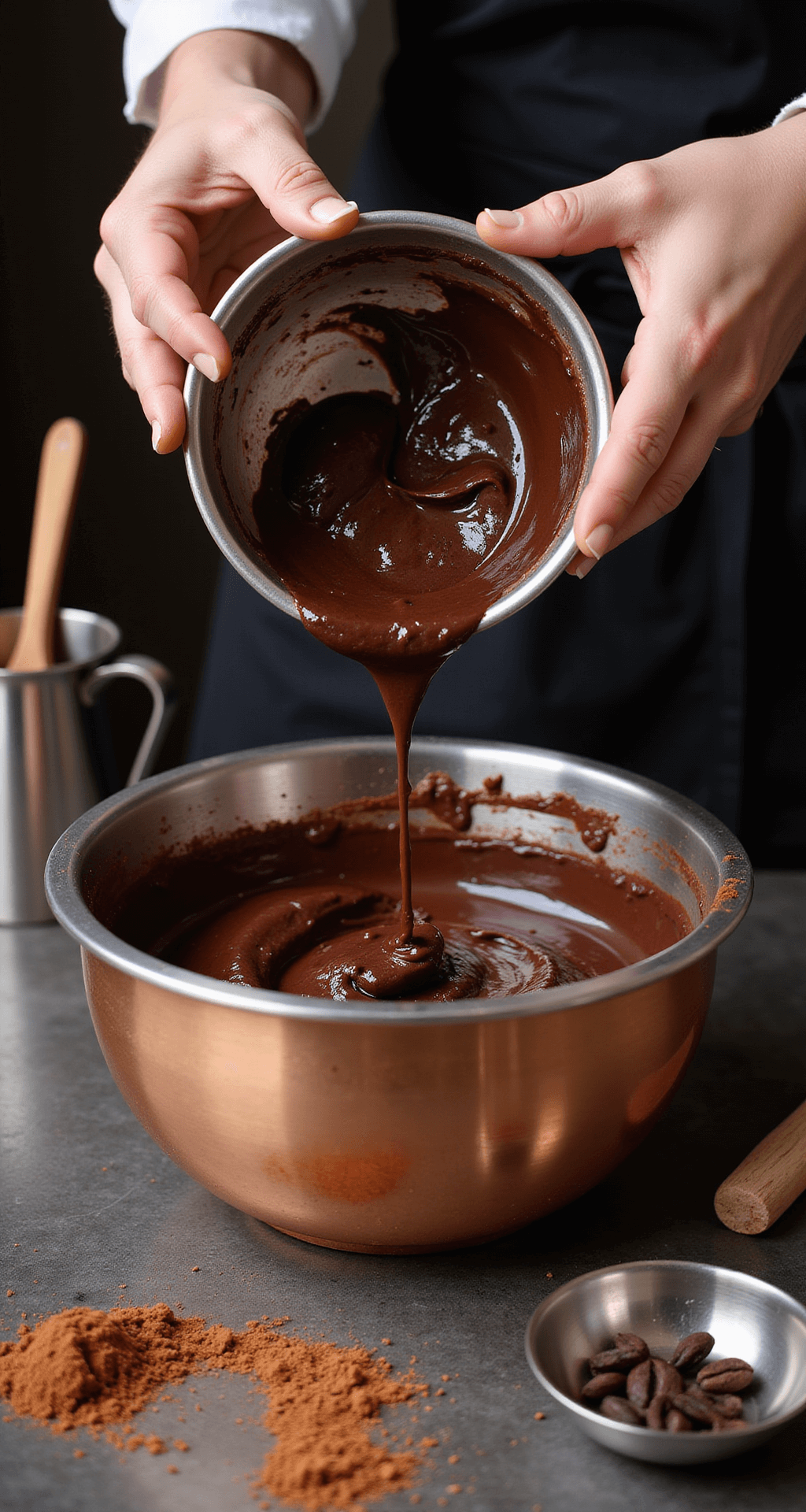 An expert baker folds chocolate batter in a copper bowl under dramatic lighting, showcasing a marbled effect with scattered cocoa powder and vanilla beans, while a wooden spoon and gleaming stainless steel tools are nearby.