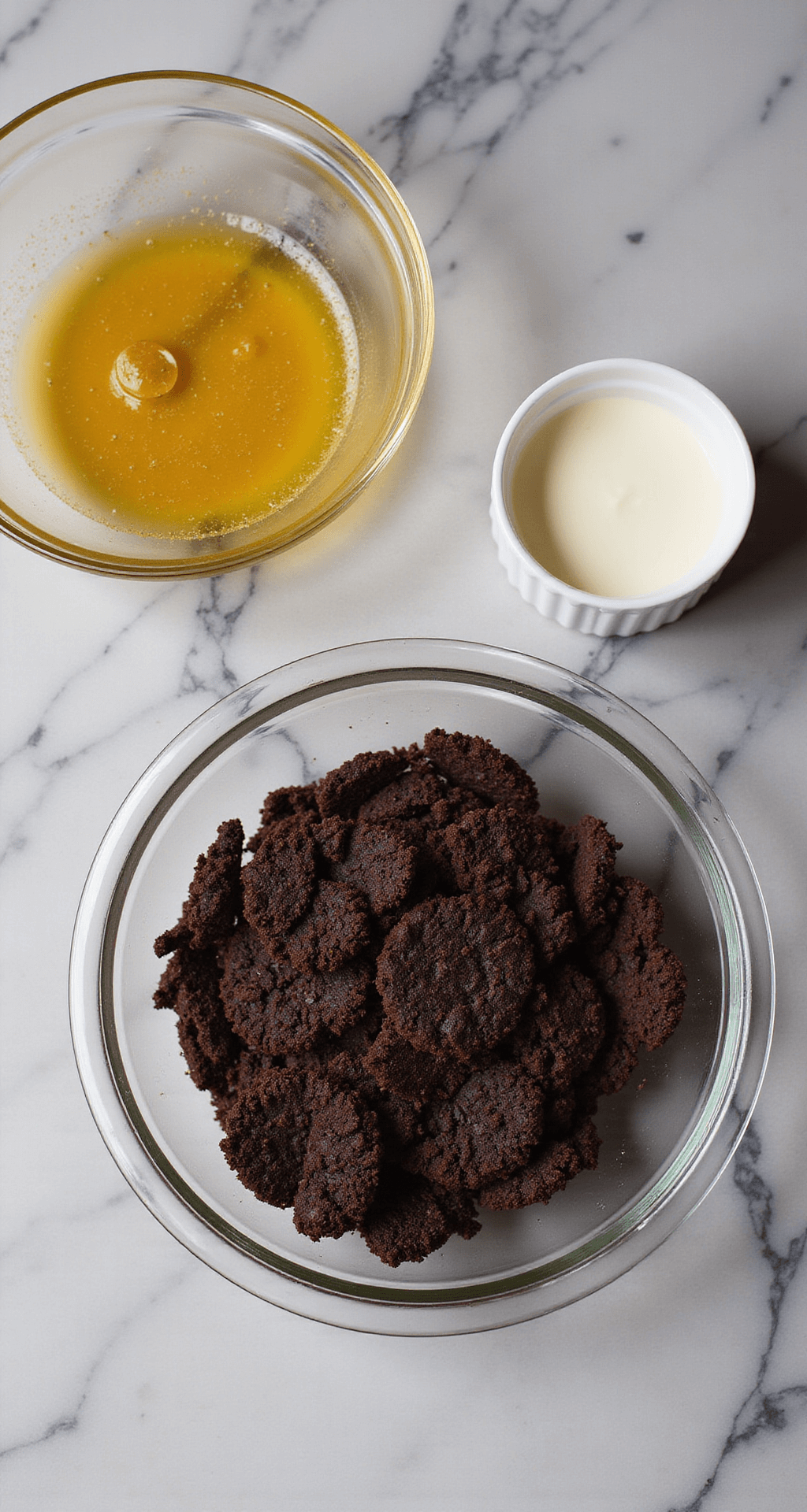 Overhead view of dark chocolate cookies being crushed in a glass bowl with golden melted butter streaming, set on a marble countertop with dramatic lighting.
