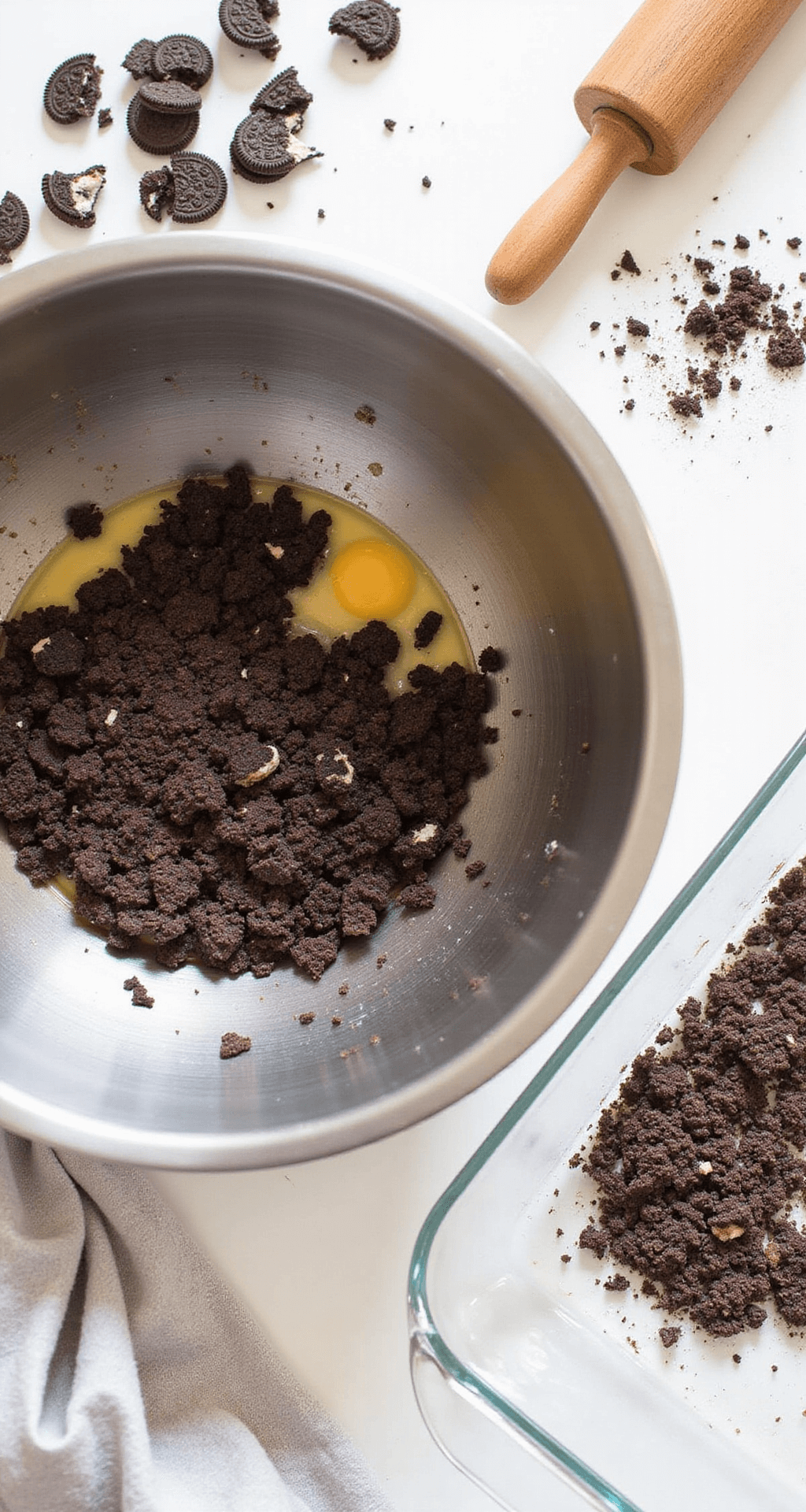 Overhead view of crushed Oreo cookies mixed with melted butter in a stainless steel bowl, scattered cookie pieces with different textures, soft natural light from the left, a clean 9x13 glass baking dish nearby, and a rolling pin covered in cookie crumbs in the background.