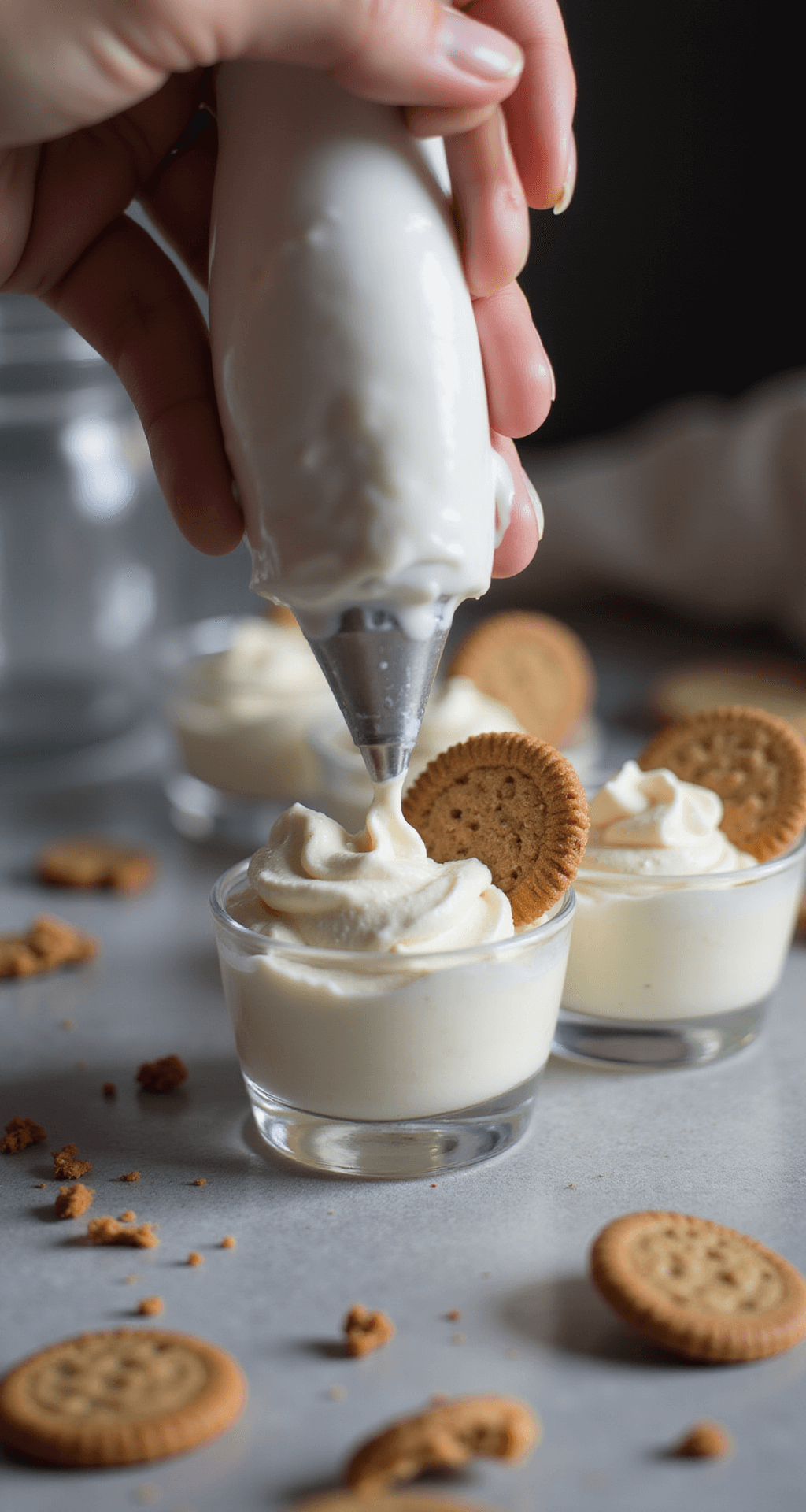 Professional kitchen scene with silky white cream being piped into clear dessert cups, scattered with cookie crumbs, softly lit and garnished with mini cookies, with dewdrops on the cream.