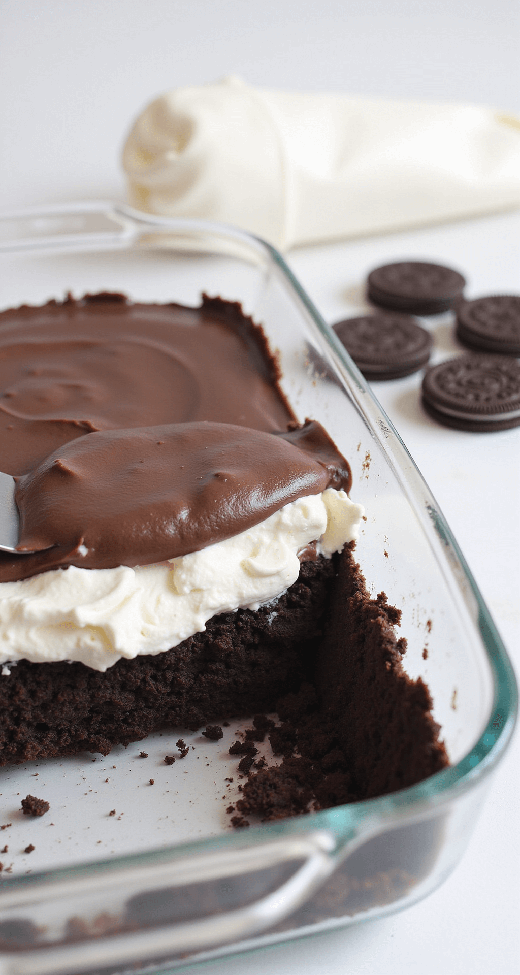 Close-up side angle of a partially assembled no-bake Oreo dessert in a glass pan, showcasing distinct layers of dark Oreo crust, creamy white cream cheese, and rich chocolate pudding being smoothed with an offset spatula, with soft lighting enhancing the textures and a few whole Oreos and a piping bag of whipped cream in the background.