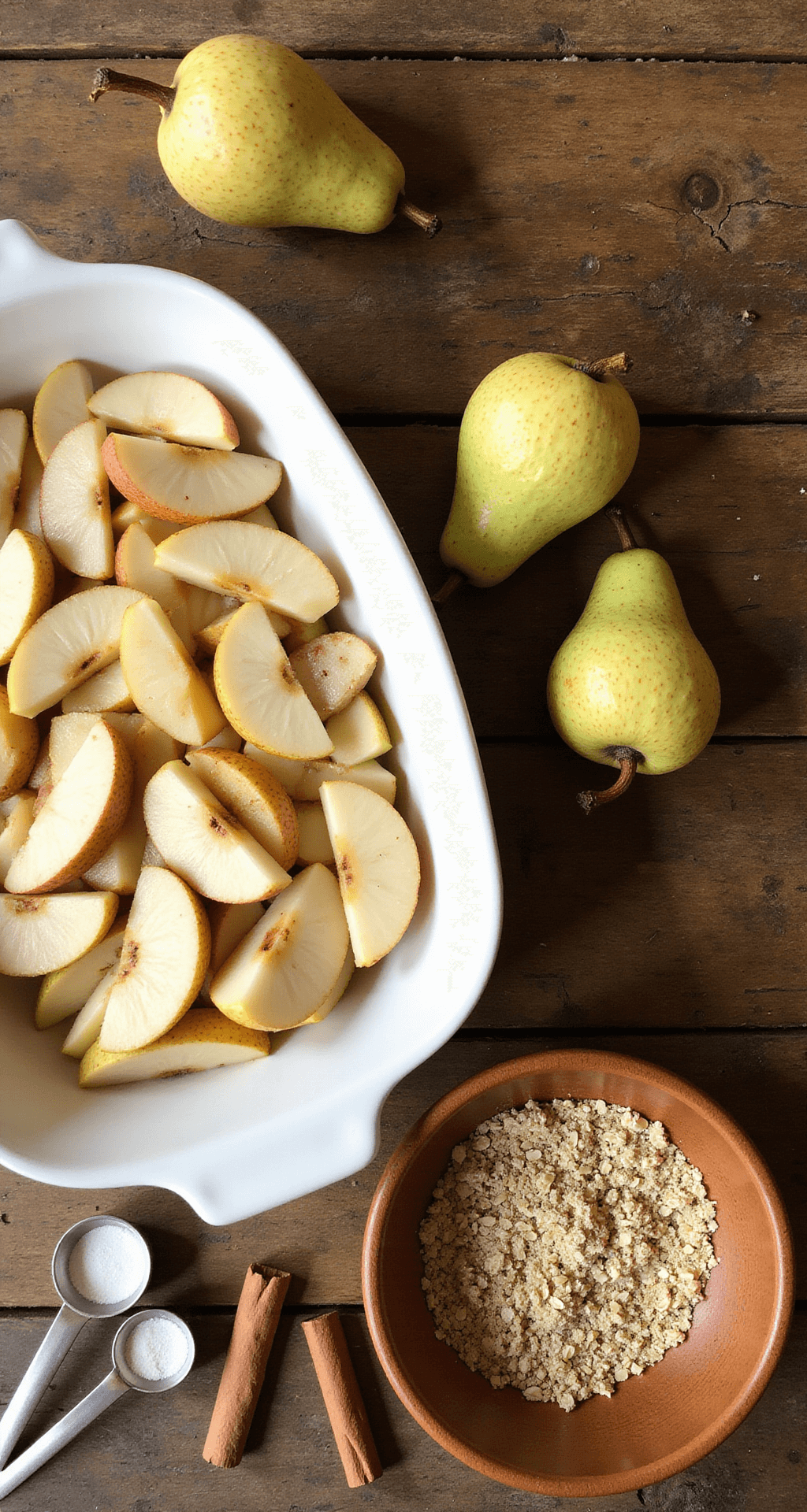 A cozy kitchen with chopped pears in a dish, crumble mixture in a bowl, and cinnamon sticks on a wooden counter.