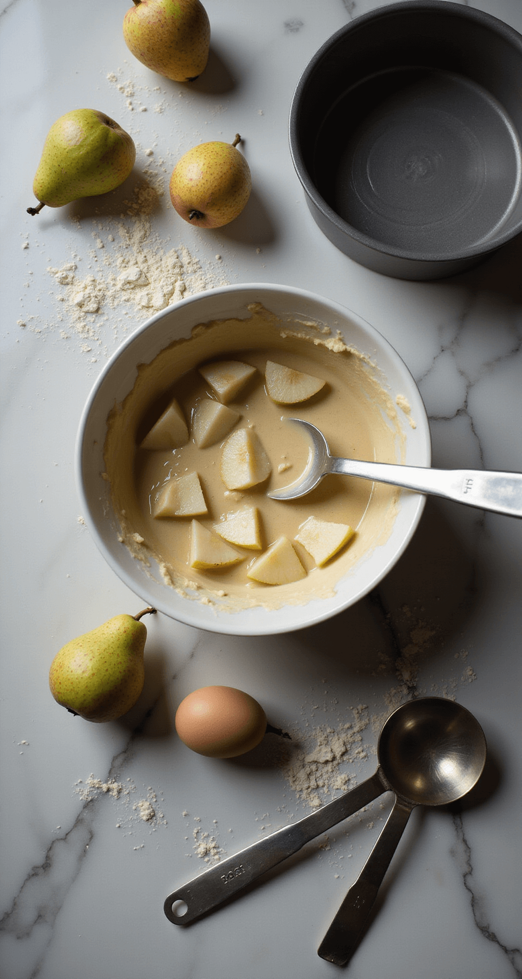 An elegant kitchen scene with a vintage mixing bowl of creamy cake batter and diced pears on a marble countertop, illuminated by soft window light, with flour dust in the air, fresh pears, eggs, and measuring spoons, next to a traditional Italian ceramic cake pan.
