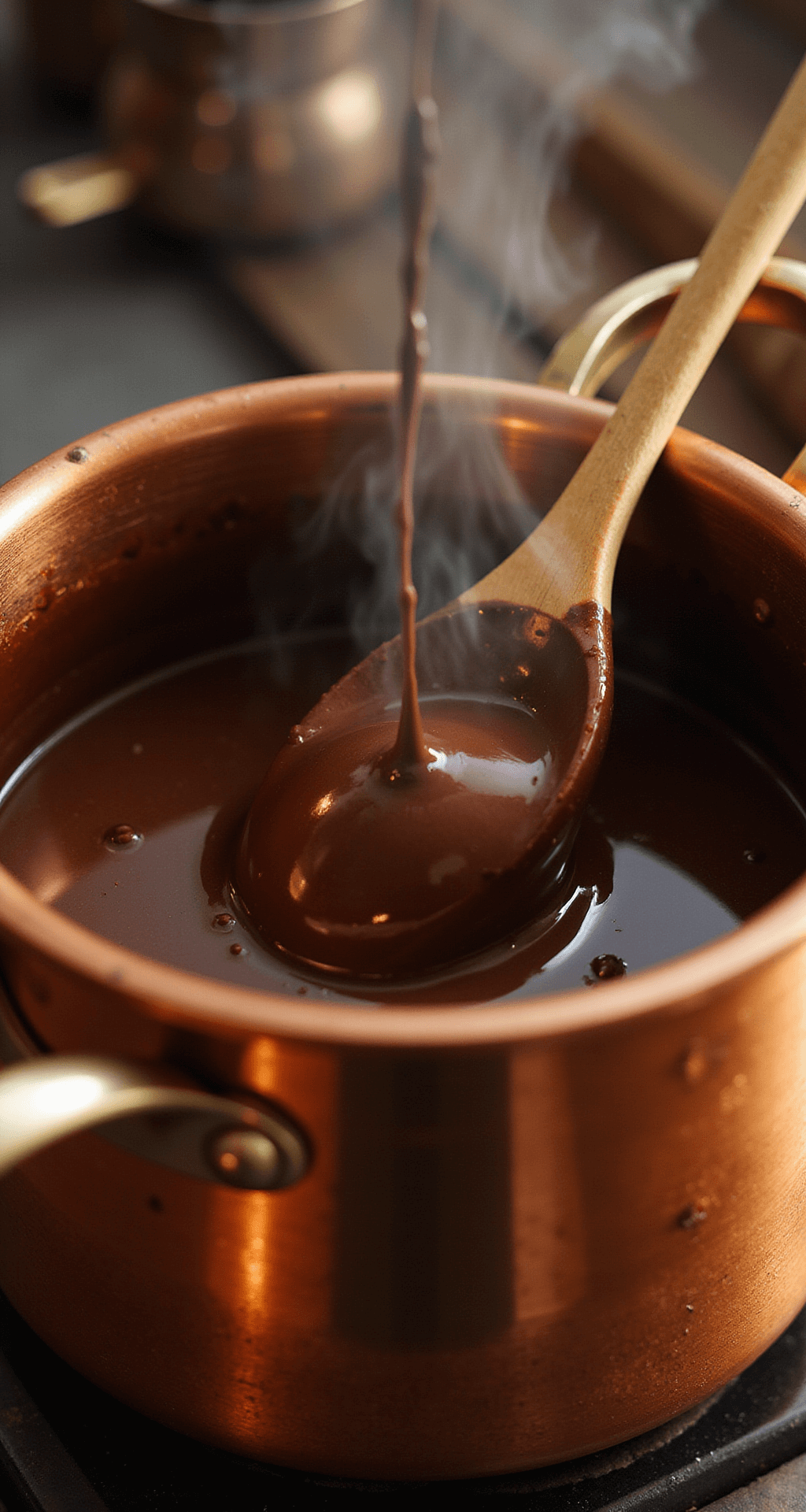 A close-up of dark chocolate melting in a shiny copper double boiler, with steam rising and warm golden light enhancing its glossy texture, as it cascades smoothly from a wooden spoon.