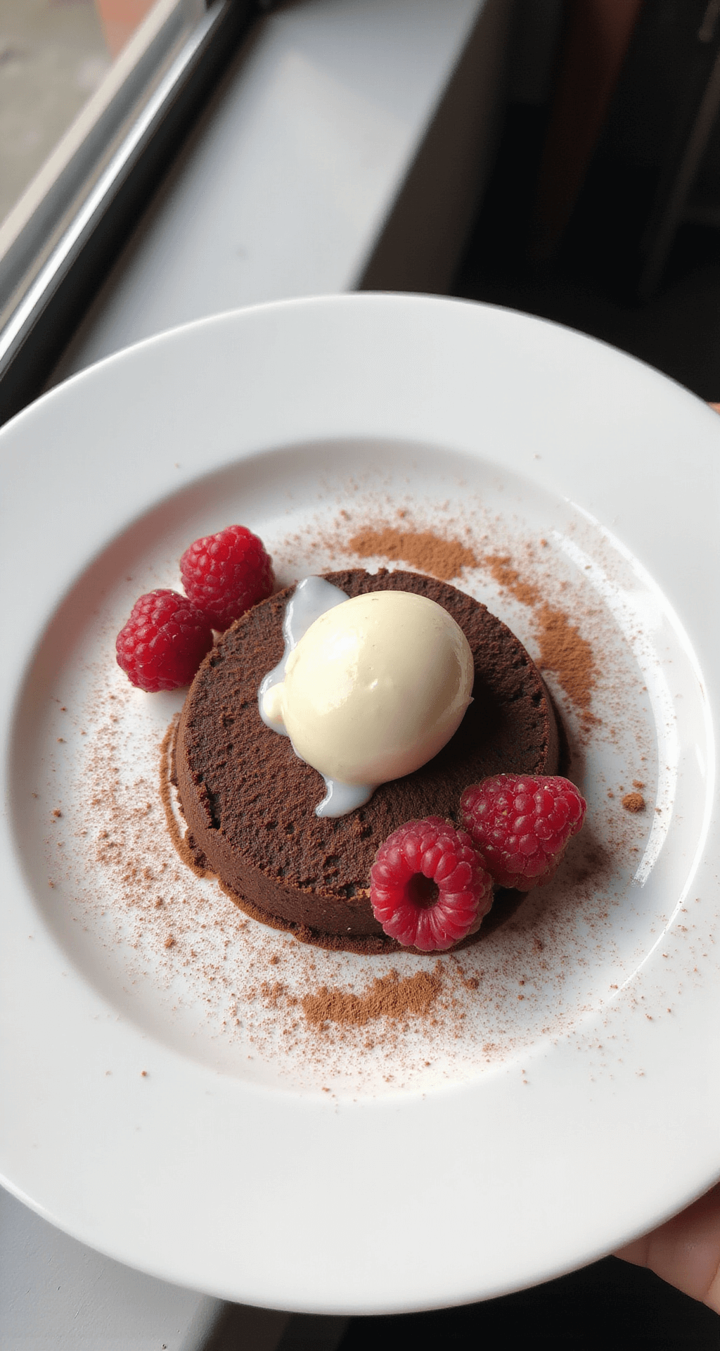 An overhead view of a white ceramic plate with a beautifully presented chocolate dessert, decorated with fresh red raspberries and a dusting of cocoa powder, alongside a slowly melting quenelle of vanilla ice cream.