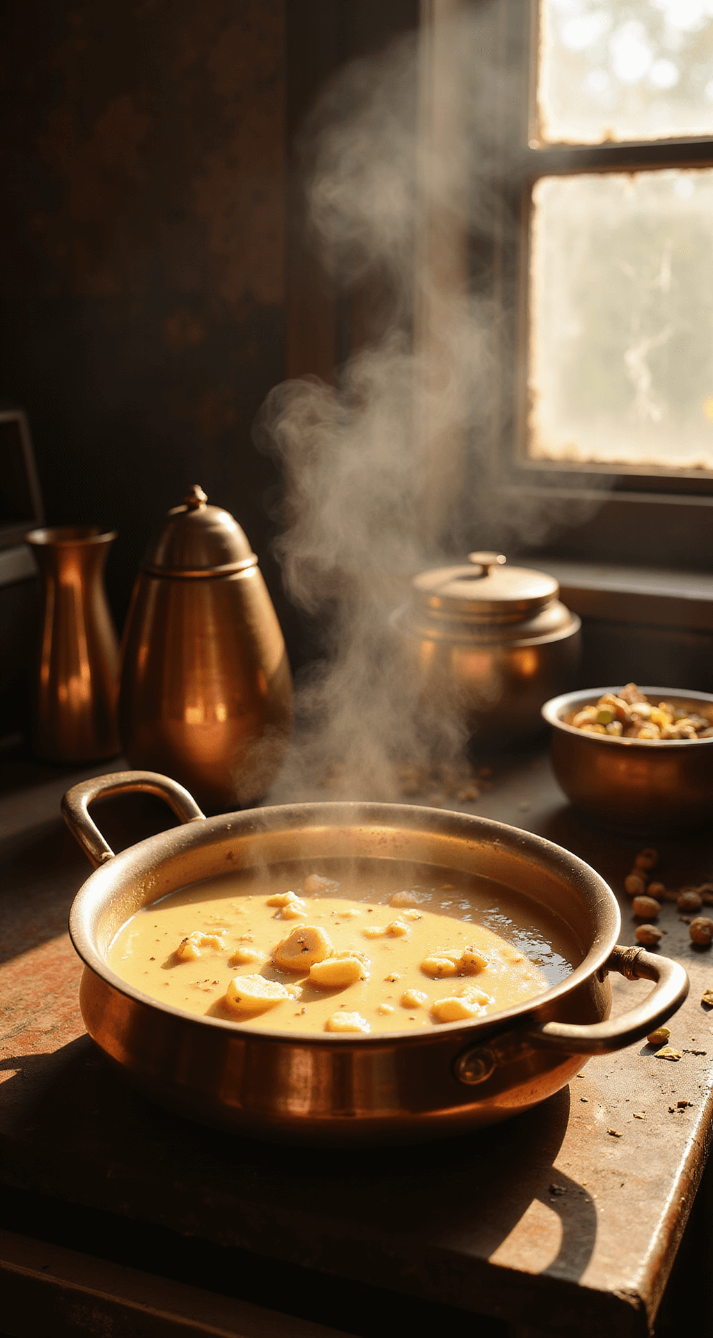 Rustic Indian kitchen with a copper pan of ricotta and condensed milk mixture turning into golden-brown kalakand, steam rising, cardamom, pistachios, and copper vessels in the background.
