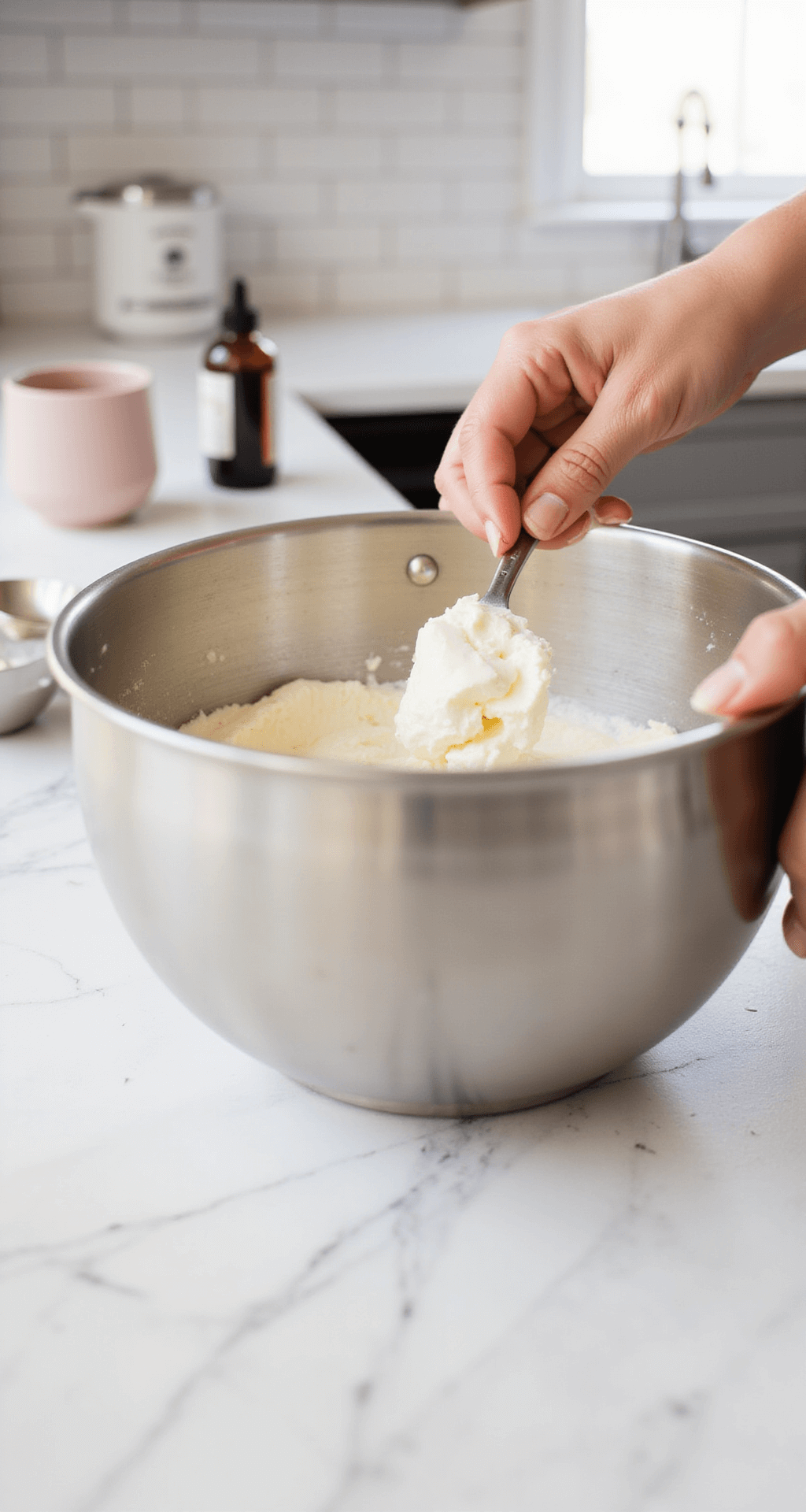 Close-up of hands beating cream cheese in a stainless steel bowl, with natural light illuminating the silky texture, measuring spoons and a vanilla extract bottle nearby, in a professional kitchen with a marble countertop.