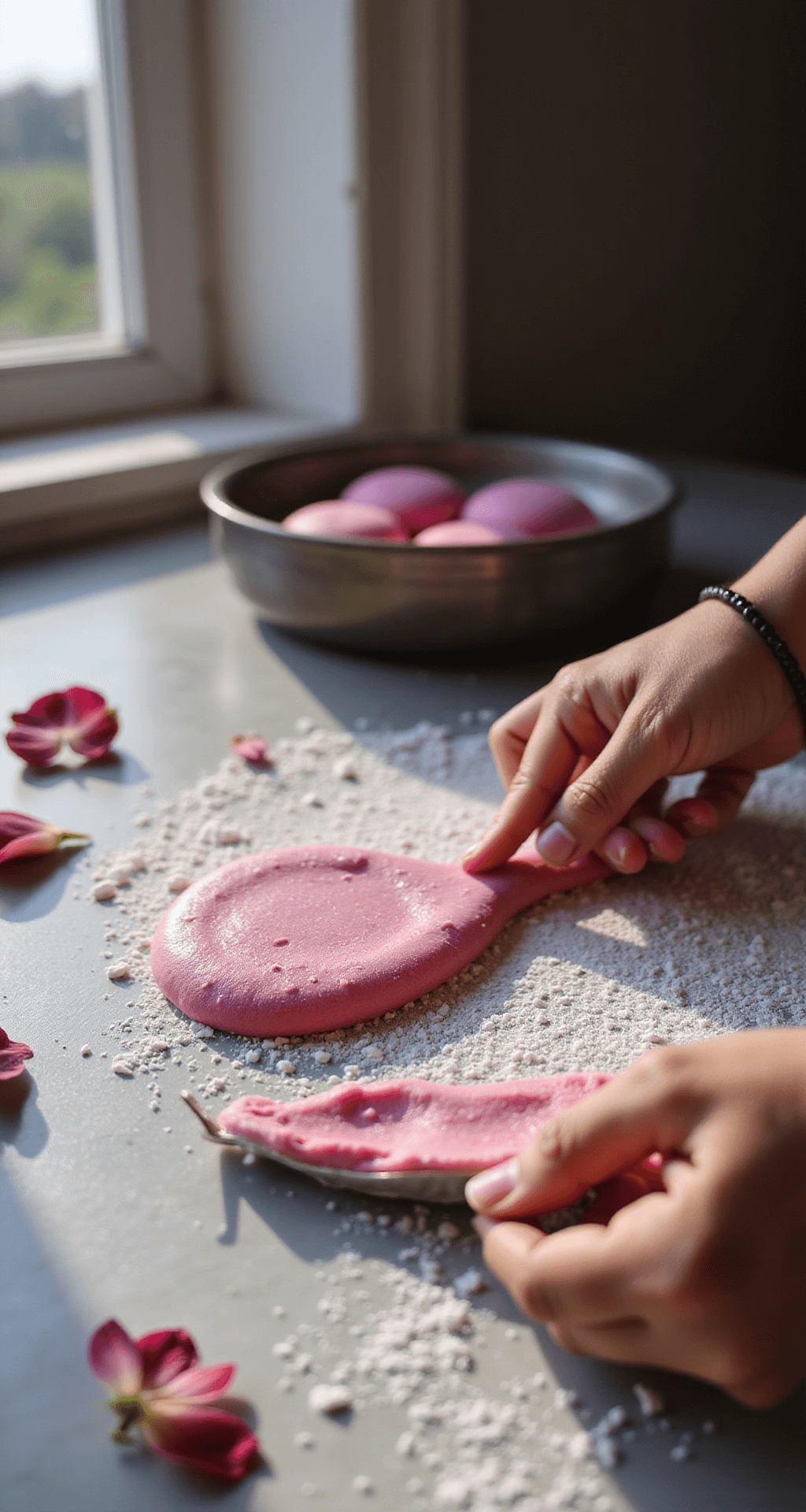 Hands shaping rose-tinted peda dough on a marble countertop with milk powder, as evening sunlight highlights their matte texture; rose petals and molds nearby.