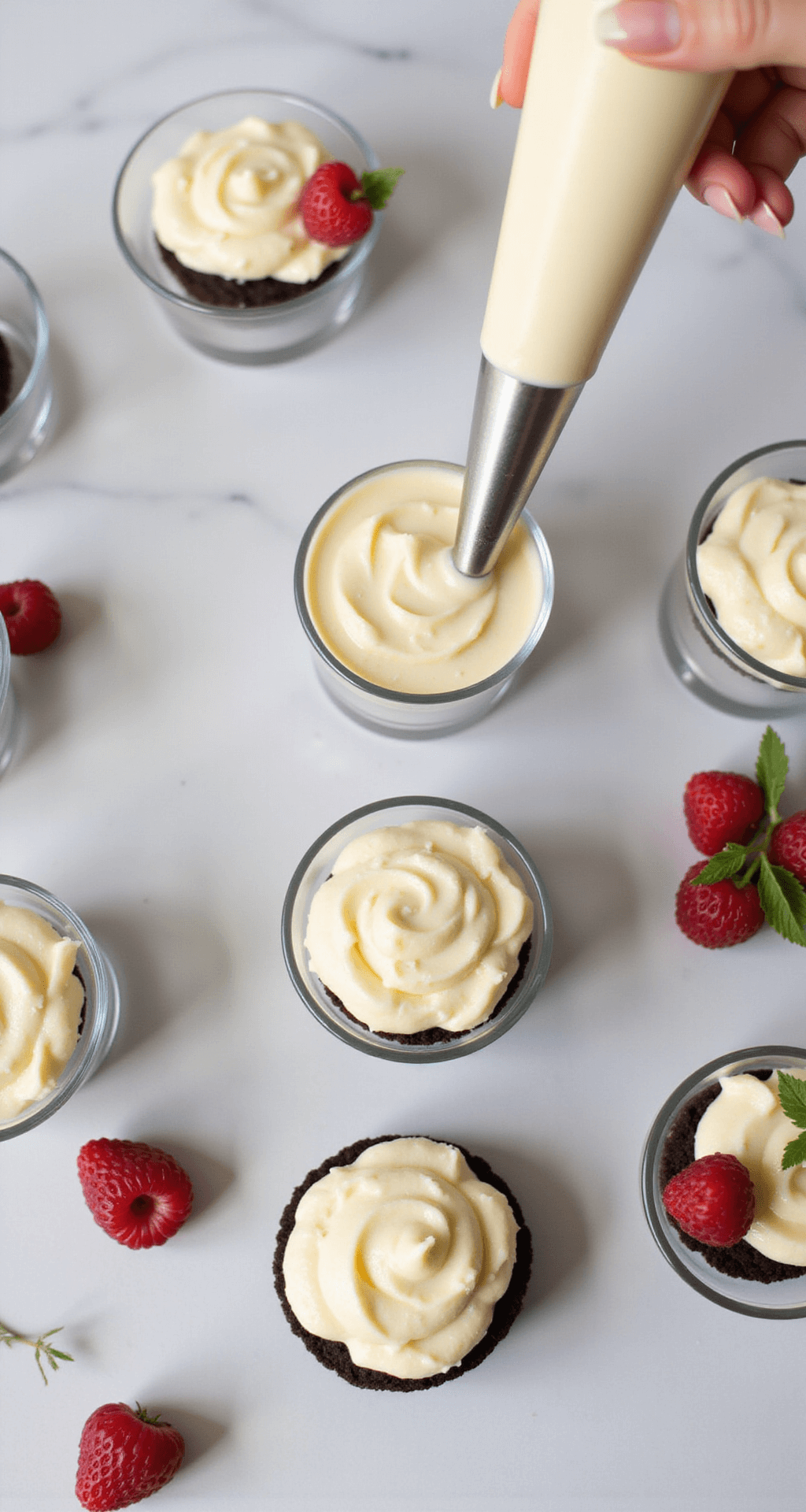 Overhead view of a dessert station featuring clear glass cups filled with layered vanilla cheesecake, topped with red berries and mint leaves, under soft, diffused lighting.
