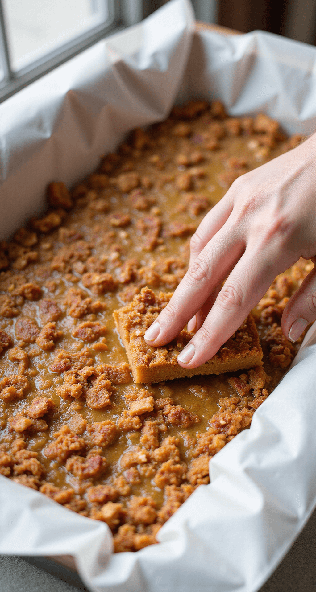 Hands pressing a glossy pork rind crust into a parchment-lined dish in soft natural light.