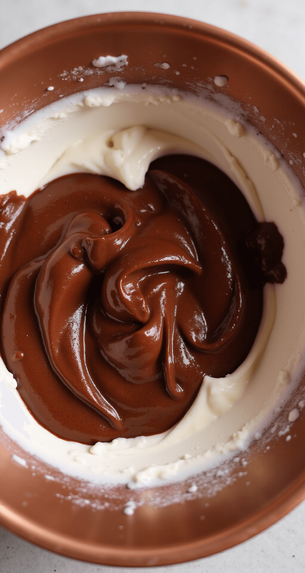 Overhead view of chocolate mousse being folded in a copper bowl, showing dark cocoa swirls in whipped cream.