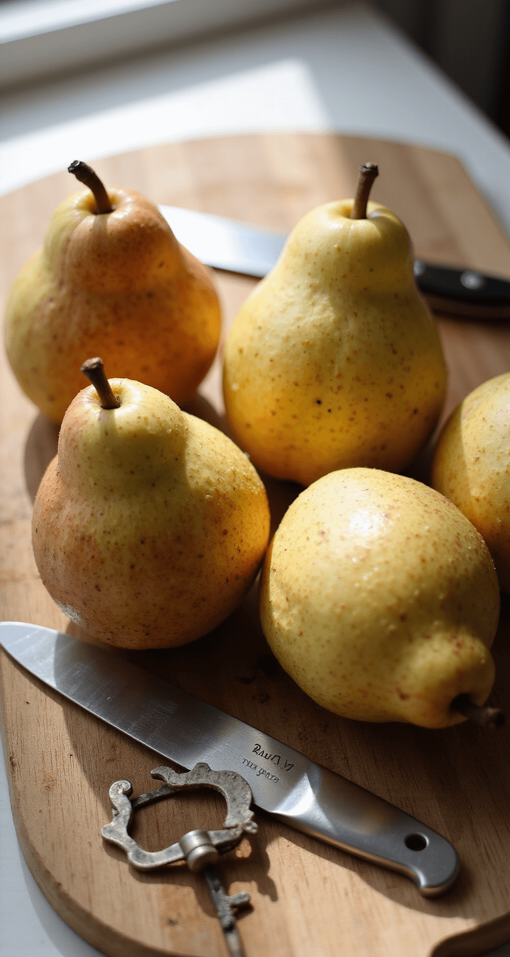 Close-up of Bosc pears with golden-brown skin on a wooden cutting board, alongside a chef's knife and vintage vegetable peeler, illuminated by soft natural light.