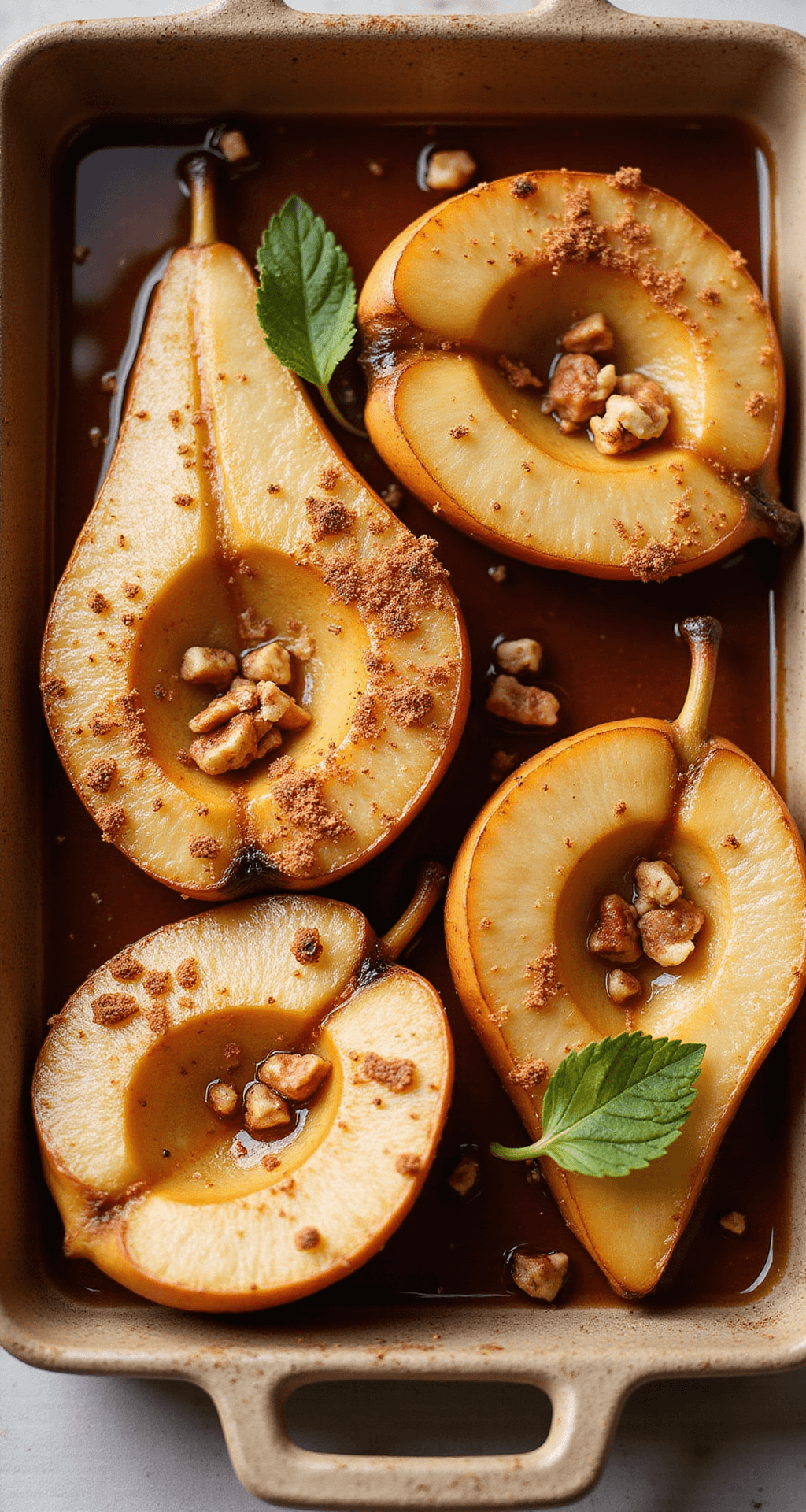 Overhead view of caramelized maple-glazed pear halves in a rustic dish, topped with cinnamon, walnuts, and a sprig of mint, with steam rising and warm lighting enhancing the dessert's appeal.