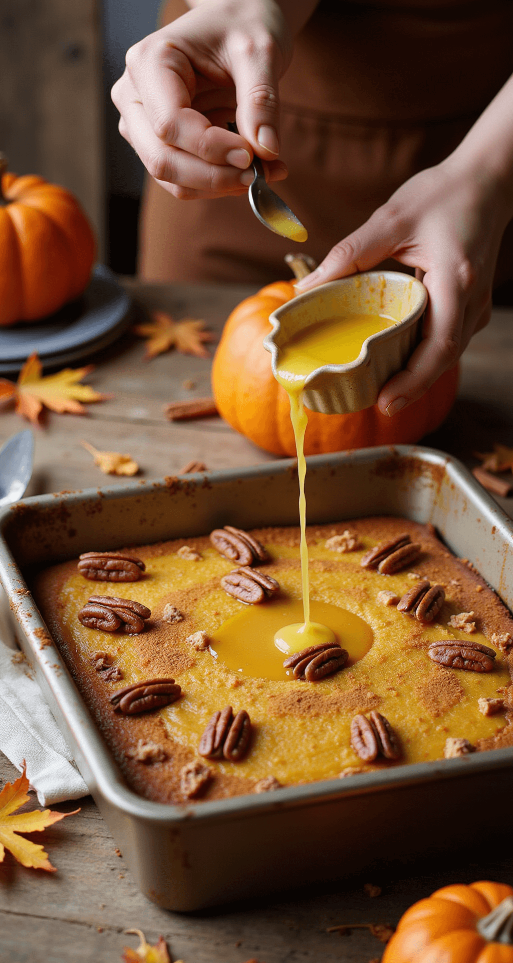 Cozy kitchen scene with hands drizzling butter over pumpkin dump cake, topped with pecans and cinnamon.