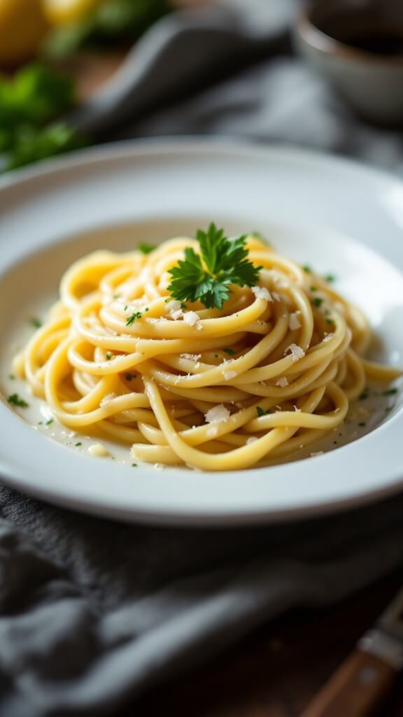 A white ceramic plate featuring a spiral of garlic Parmesan pasta, garnished with parsley and Parmesan shavings, with side lighting accentuating the creamy sauce and a shallow depth of field for focus.