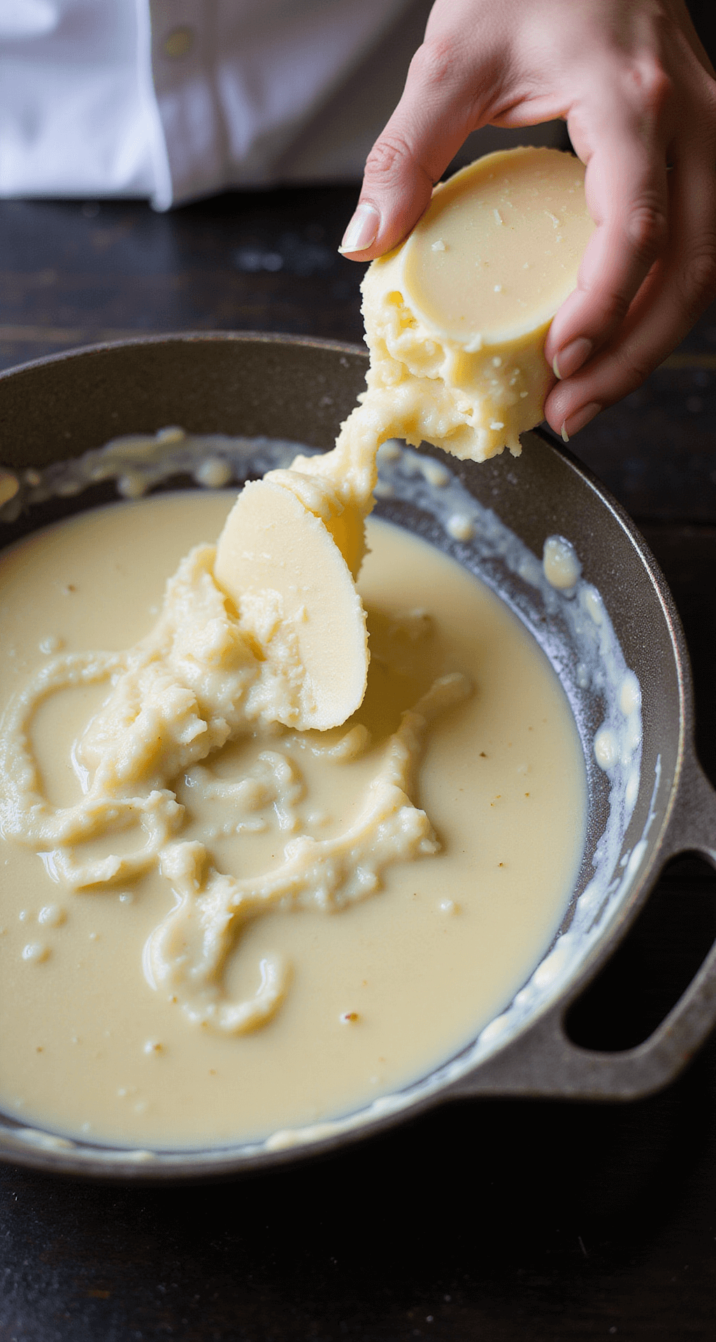 Overhead view of a chef's hands stirring a creamy garlic Parmesan sauce in a rustic cast-iron skillet, with melted butter and minced garlic visible, illuminated by soft natural light.