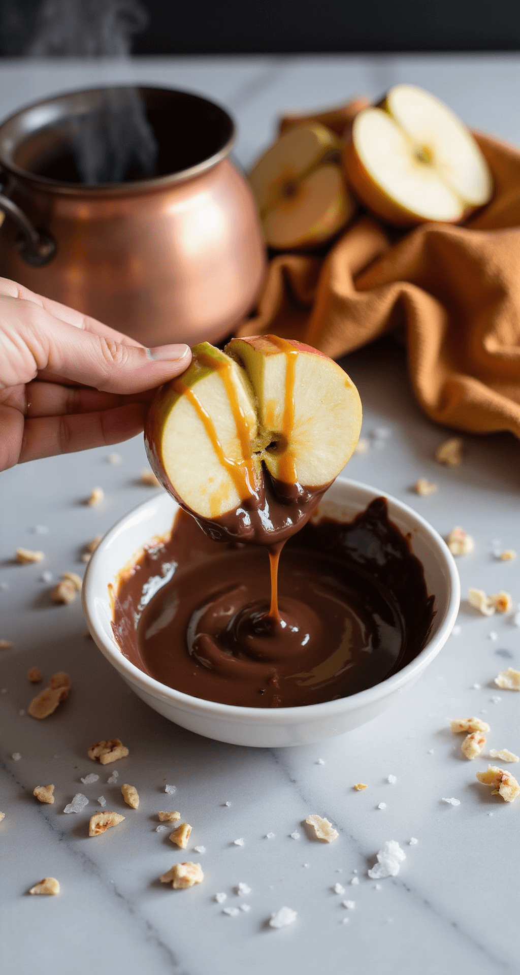 Close-up of apple slices dipped in dark chocolate with caramel drizzle on a marble countertop, surrounded by crushed nuts and sea salt, with a vintage pot and tea towel in the background.