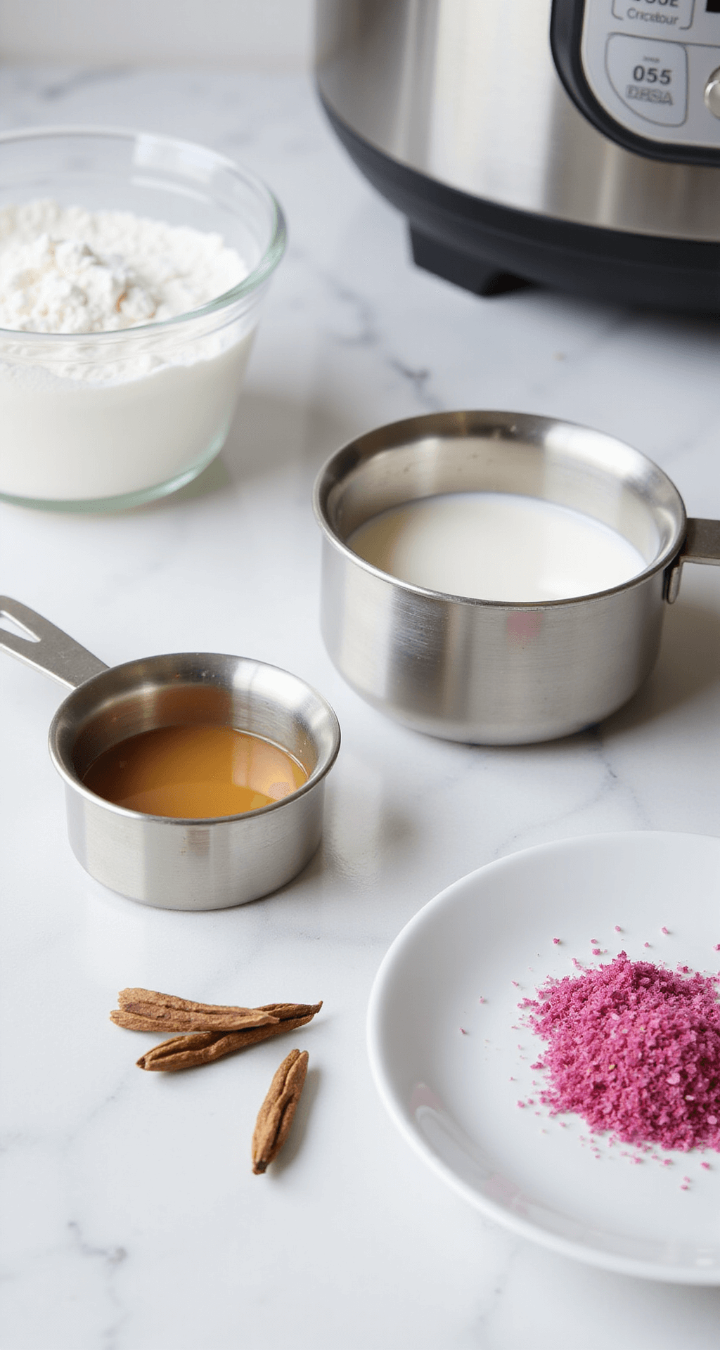 A pristine white marble countertop featuring stainless steel measuring cups with milk powder and condensed milk, a microwave-safe glass bowl, cardamom pods, and rose-pink gulkand, all illuminated by soft natural light, suggesting a professional kitchen setup.