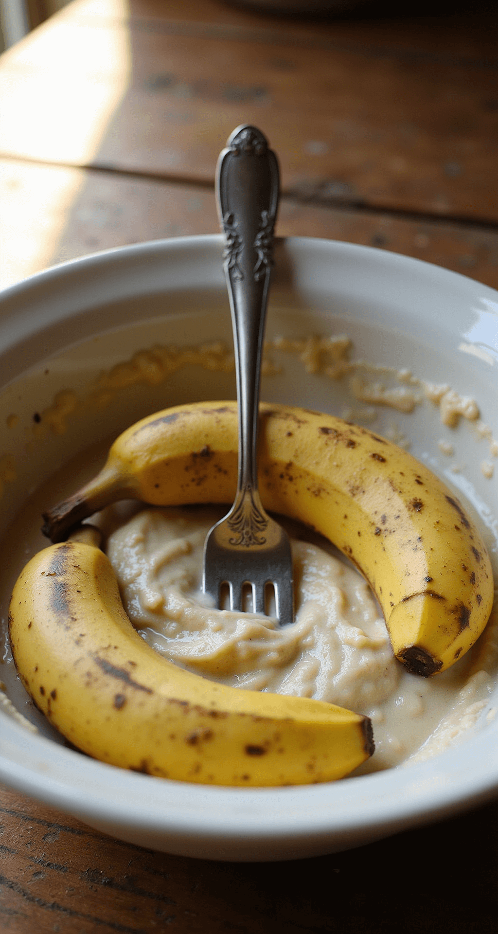 Overripe bananas being mashed in a ceramic bowl with a fork on a wooden countertop, bathed in golden afternoon light.