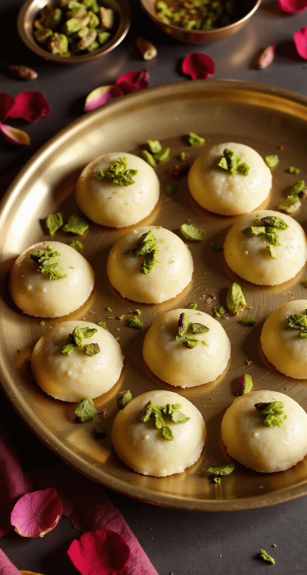Artistic overhead shot of freshly made pedas on a brass thali, garnished with chopped pistachios, surrounded by rose petals and a bowl of cardamom pods, with warm lighting highlighting their smooth texture.