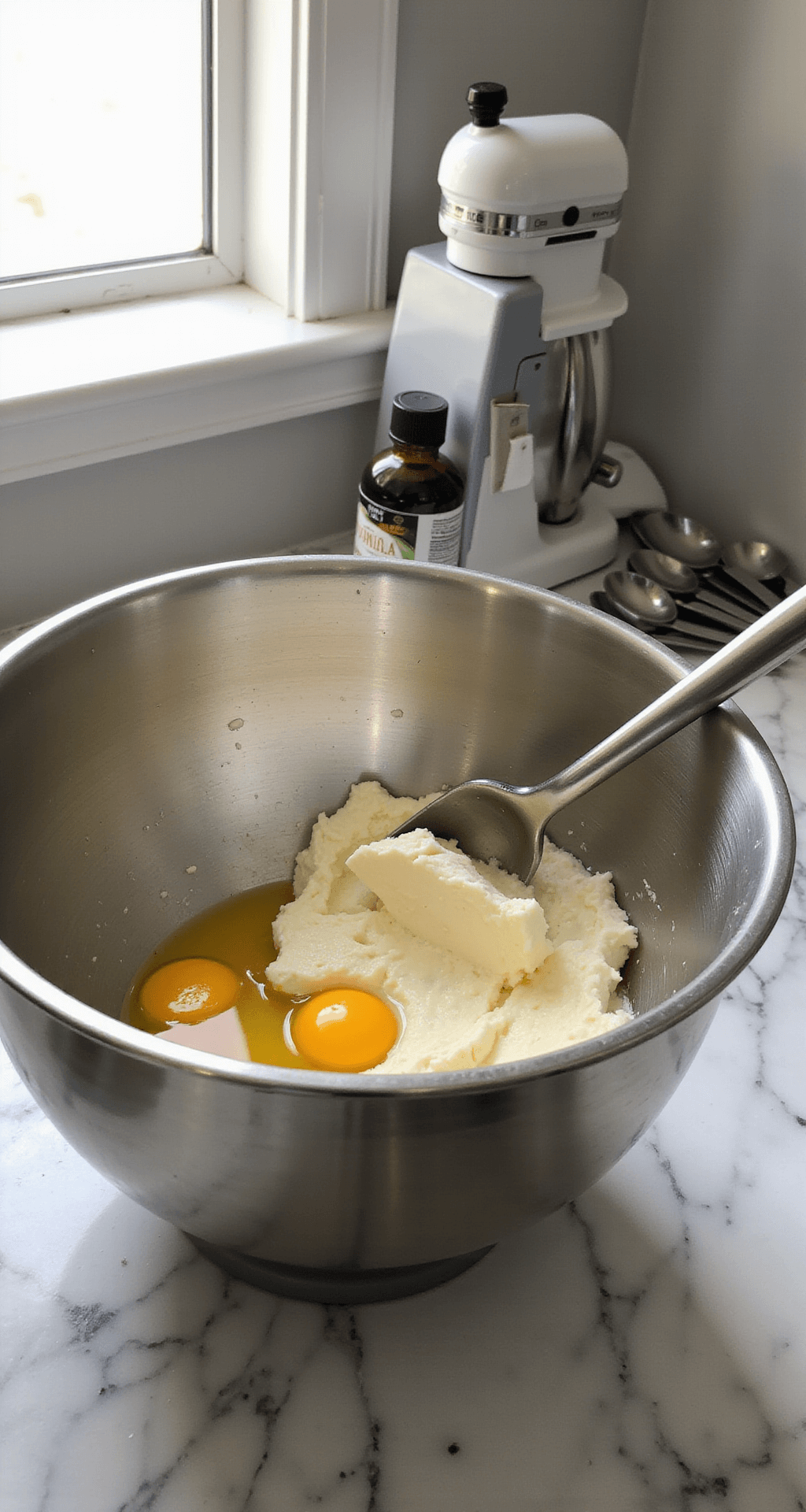 Close-up of a stainless steel mixing bowl with softened cream cheese, butter, and fresh eggs, with natural light highlighting the textures; a professional electric mixer, measuring spoons, and a bottle of vanilla extract are arranged on a marble countertop.