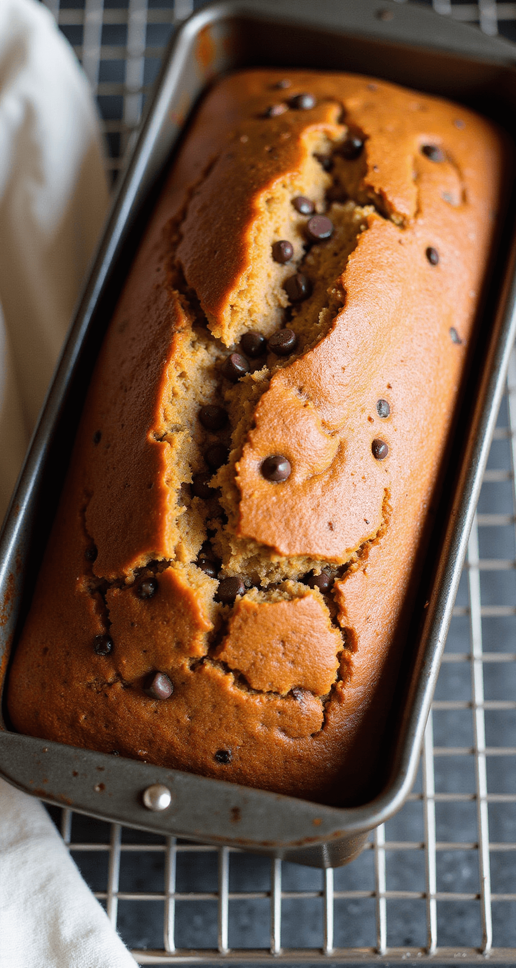 Golden-brown banana bread cooling in a loaf pan with steam rising, featuring chocolate chips and a slightly cracked top.