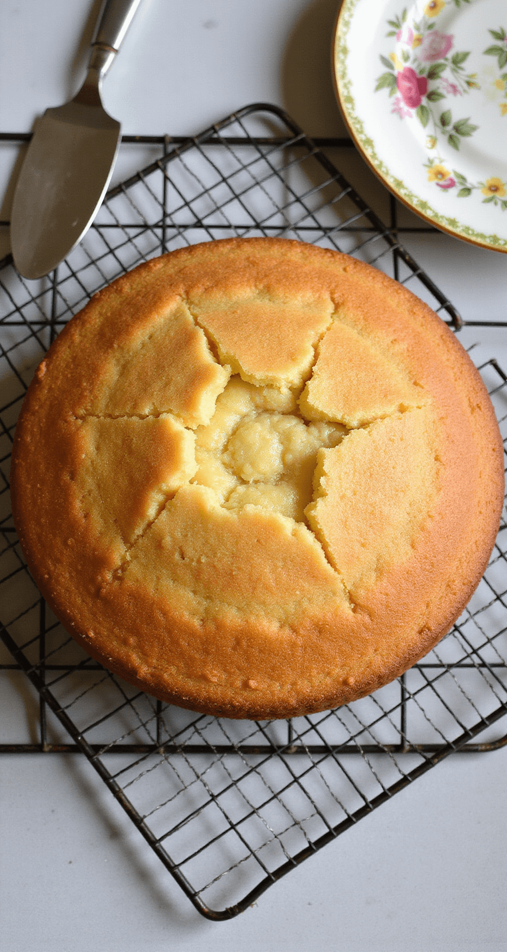 Overhead view of a golden-brown 8-inch cake with a crackled top, on a vintage wire cooling rack, in soft afternoon light, with a silver cake server and fine bone china plate in the background. The cake appears moist and rich.