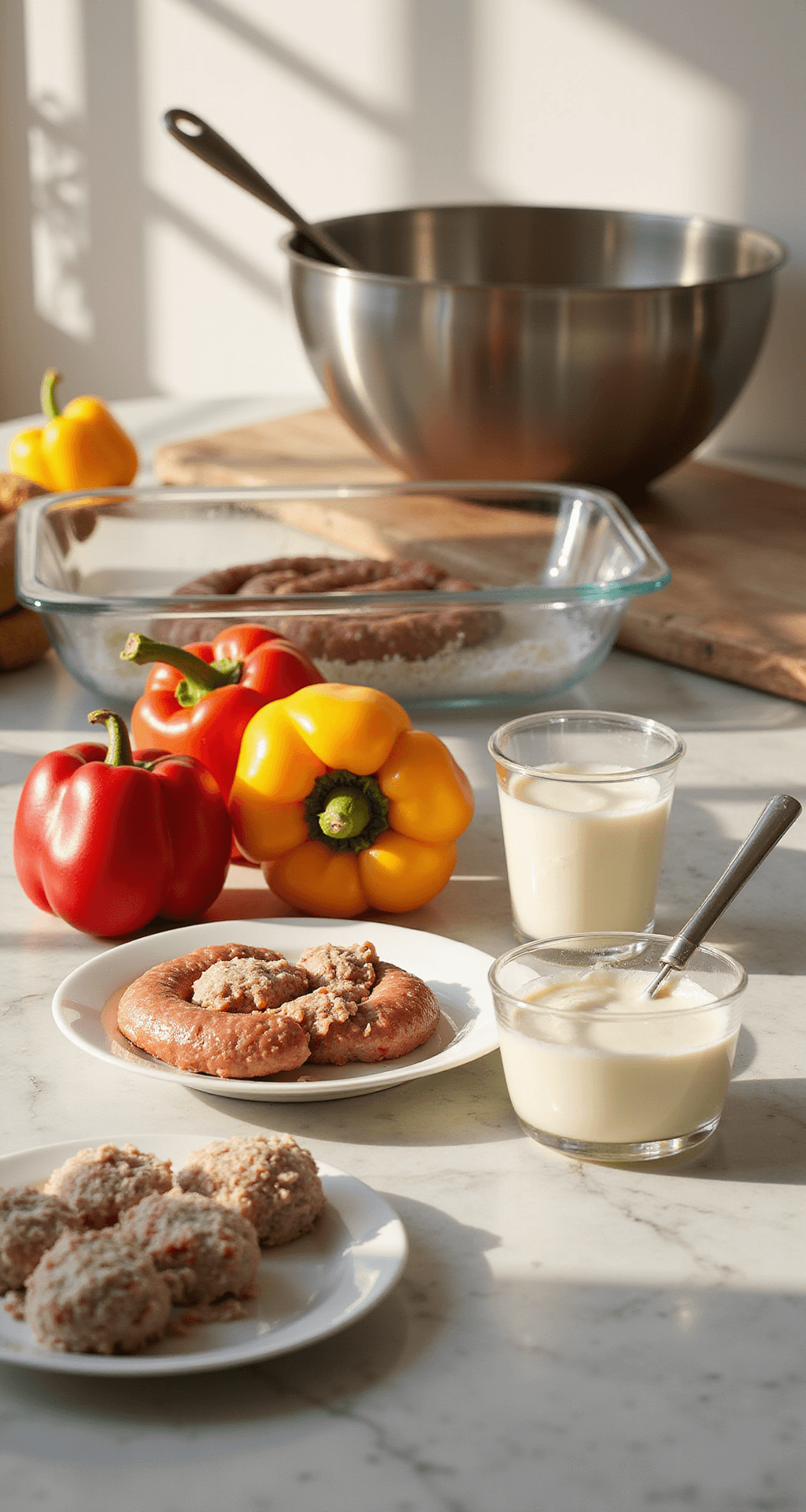 A sunlit kitchen countertop with fresh eggs, cream, sausage, bell peppers, and a glass casserole dish, showcasing a keto-friendly meal preparation setup.
