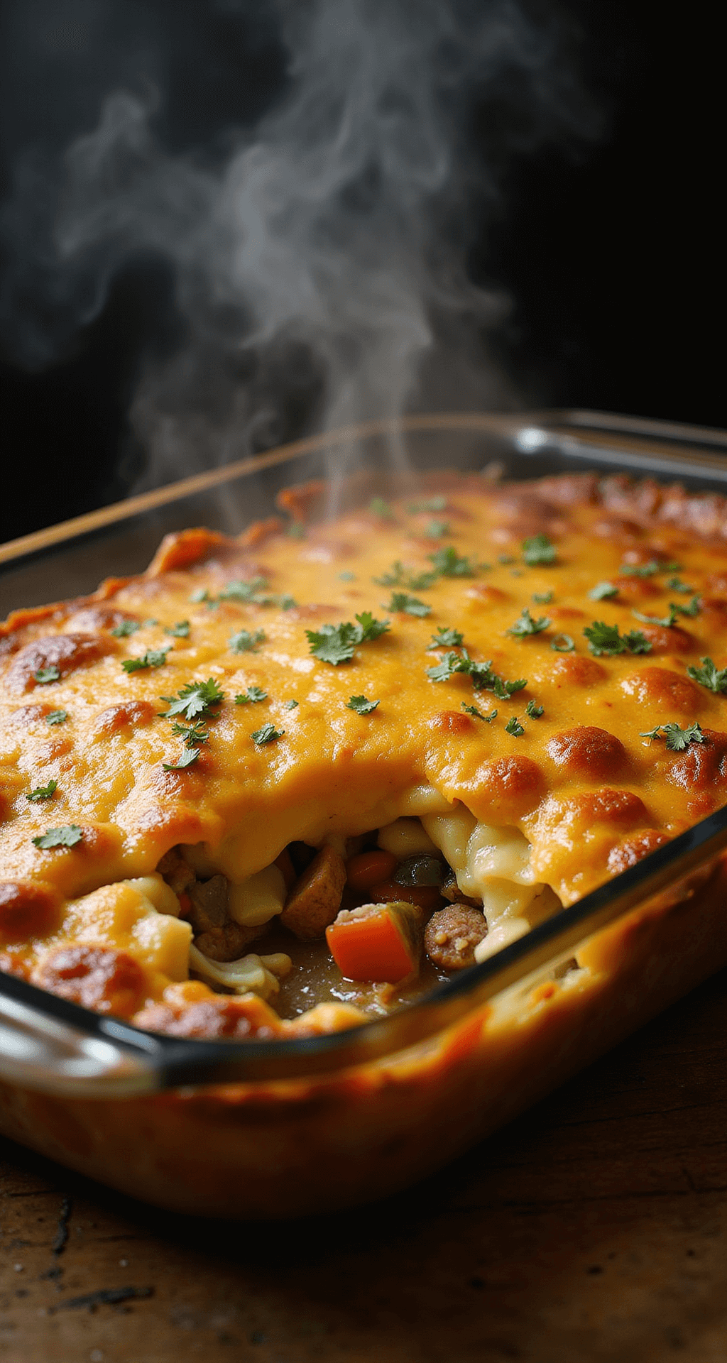 Golden-brown breakfast casserole with melted cheese crust, sausage, and vegetables, garnished with herbs on a wooden surface with steam rising.