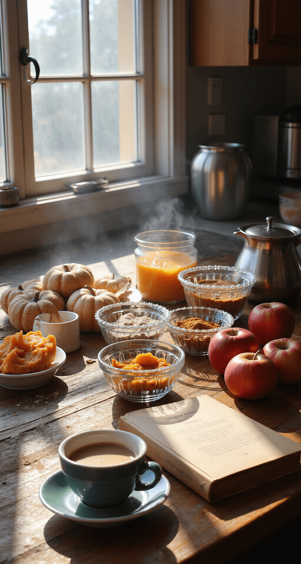 A sunlit rustic kitchen countertop displays organized baking ingredients, including vibrant spices in glass bowls, fresh red apples, golden pumpkin puree, and flour-dusted measuring cups, with steam rising from a coffee cup next to a worn recipe book.