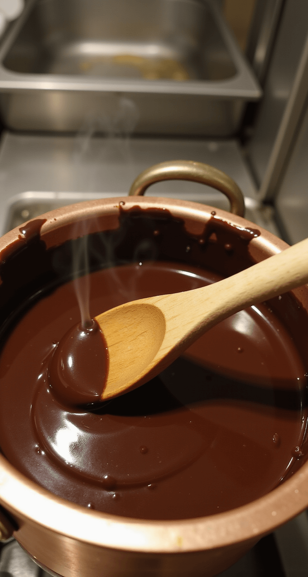 Close-up of dark chocolate and butter melting in a copper double boiler with steam, in a professional kitchen setting.