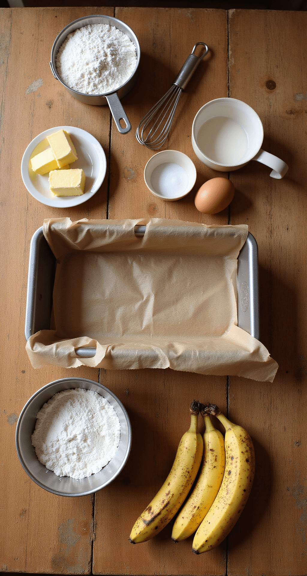 Overhead view of a rustic wooden countertop with ingredients for banana bread: two overripe bananas, eggs, butter, measuring cups of flour and sugar, a vintage mixing bowl, a whisk, and a partially lined loaf pan.
