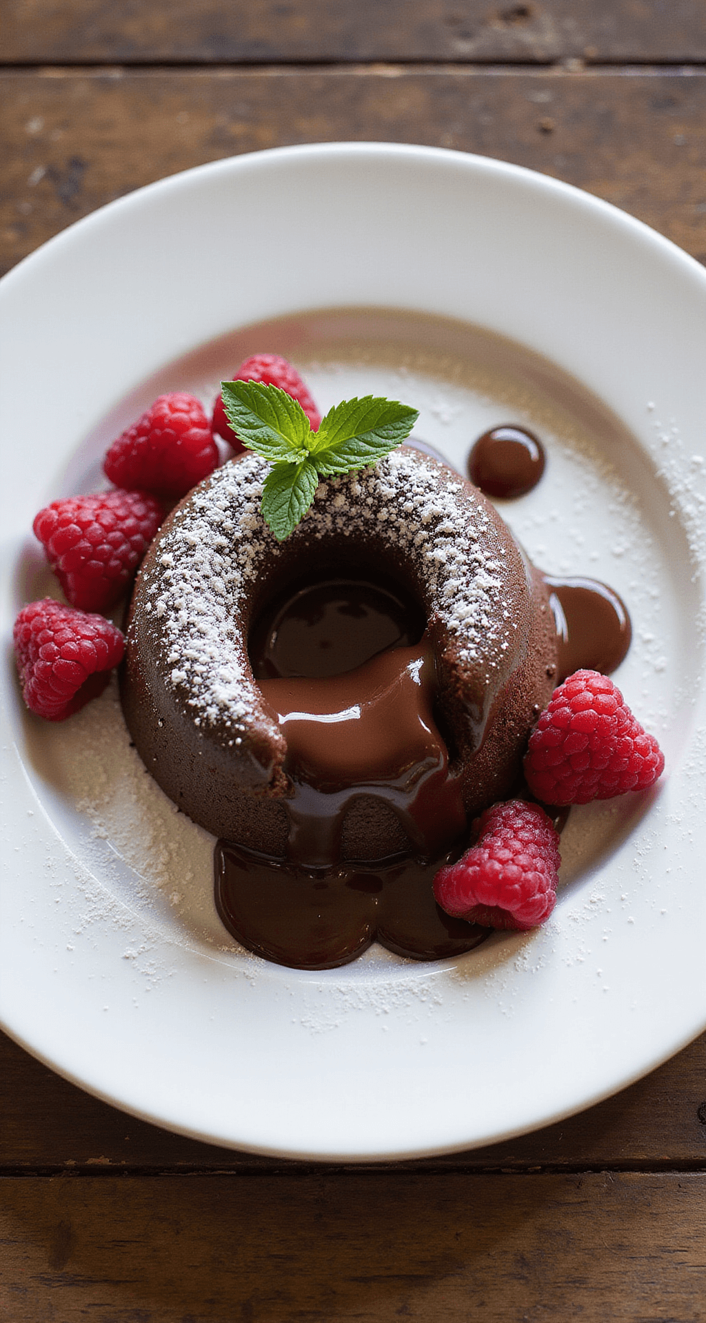 Overhead view of beautifully plated molten chocolate cake with raspberries, powdered sugar, and mint leaf on white porcelain.