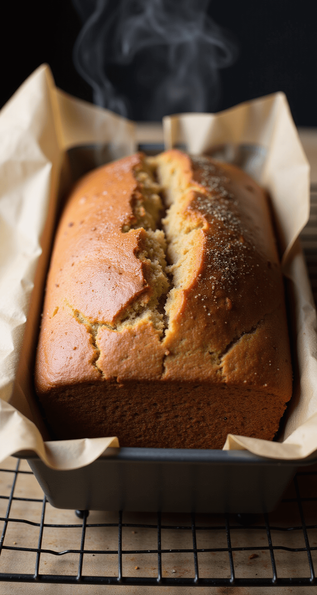 Close-up of a freshly baked golden-brown banana bread loaf in a parchment-lined pan, with steam rising, a visible crack on top, moist crumb, and a dusting of cinnamon sugar on the crust, resting on a wire cooling rack that casts shadows.