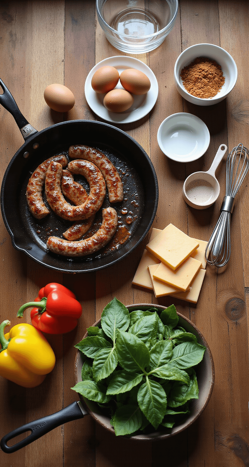 Overhead view of a rustic kitchen counter with farm-fresh eggs, breakfast sausage in a cast-iron skillet, bell peppers, spinach leaves, and aged cheddar cheese, illuminated by soft morning light.