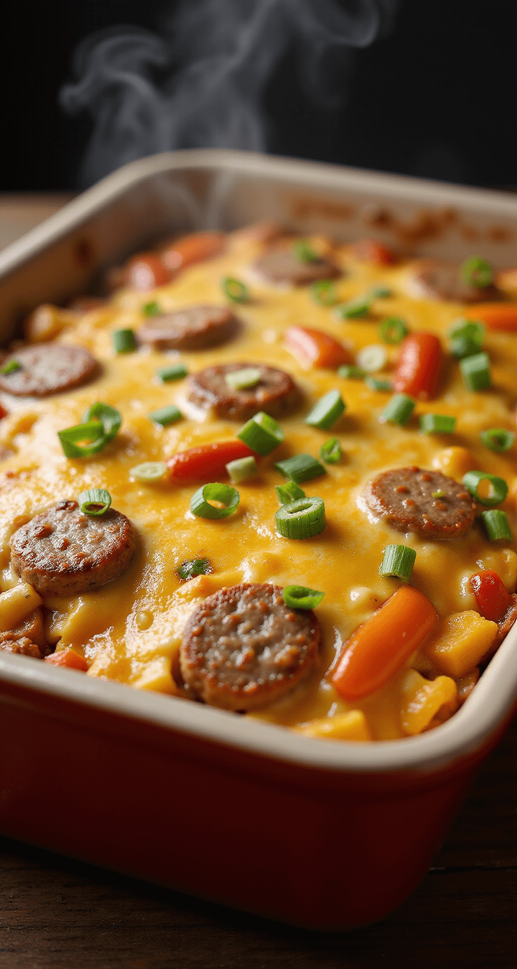 Close-up of a golden-brown breakfast casserole in a ceramic dish, showcasing melted cheese, sausage, and bell peppers, garnished with green onion, with steam rising against a dark background.