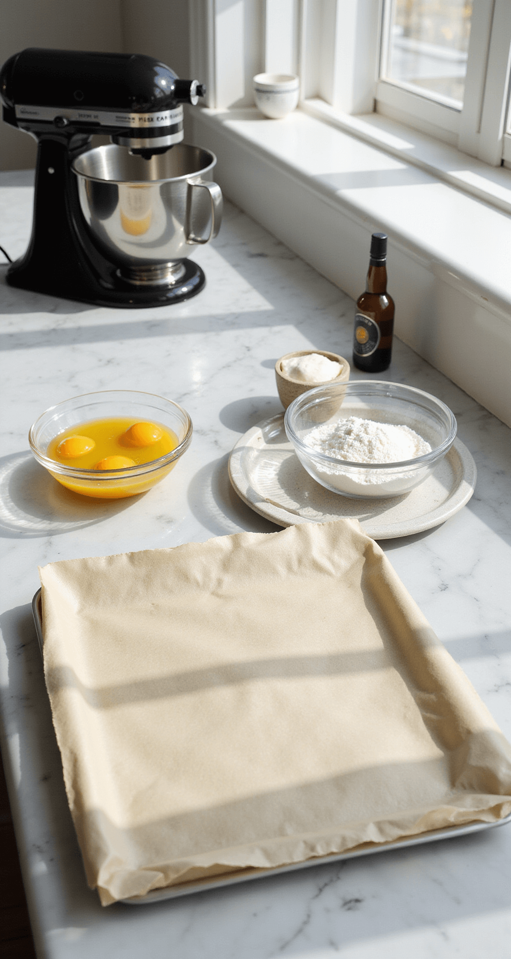 A bright kitchen counter features a jelly roll pan lined with parchment paper, surrounded by glass bowls of fresh eggs, flour, sugar, and vanilla extract, with a professional stand mixer nearby and natural light casting soft shadows across the marble surface.