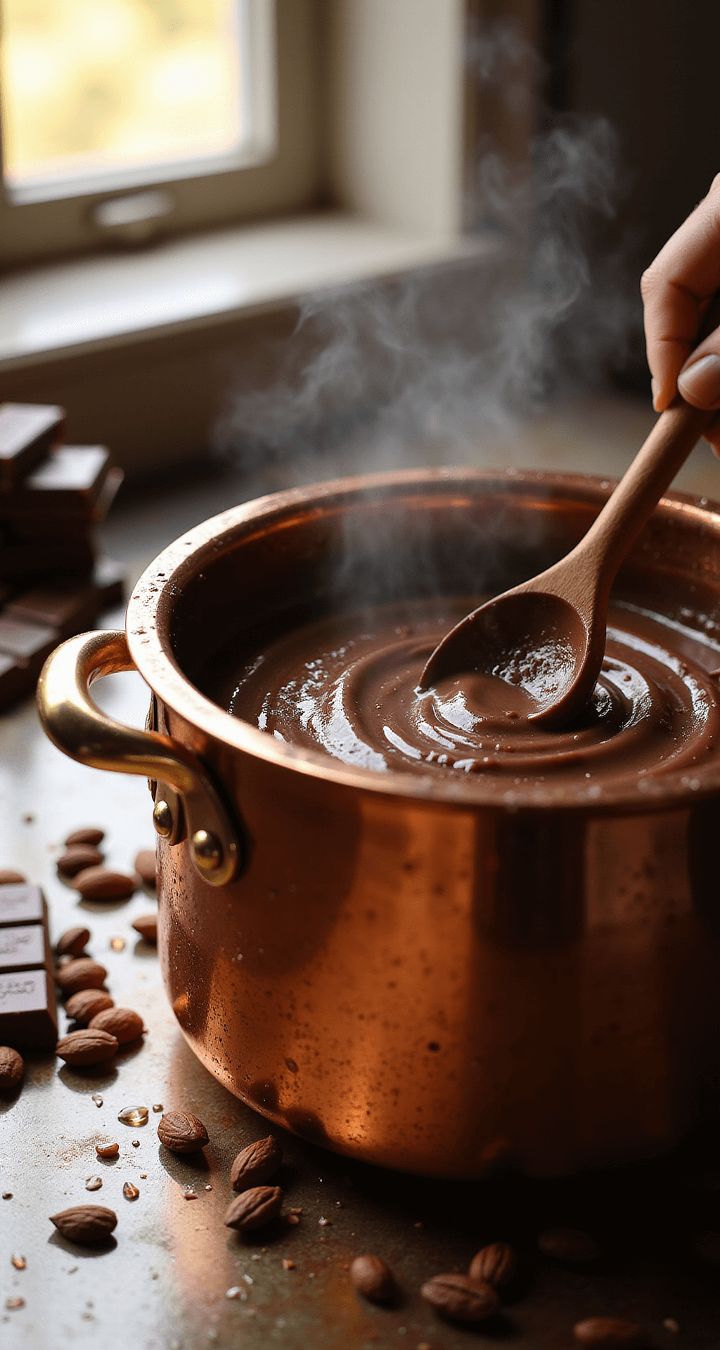 Close-up of dark chocolate melting in a copper double boiler with afternoon light, steam rising, and a wooden spoon stirring. Condensation on stainless steel surfaces, cacao beans, and chocolate bars in soft focus.
