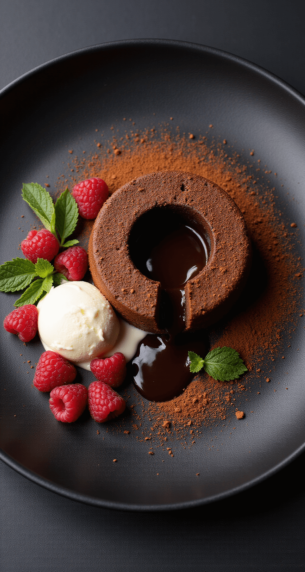 Overhead view of a perfectly plated chocolate molten cake on a matte black ceramic plate, surrounded by raspberries, a quenelle of vanilla bean ice cream, mint leaves, cocoa powder, and a touch of edible gold leaf.