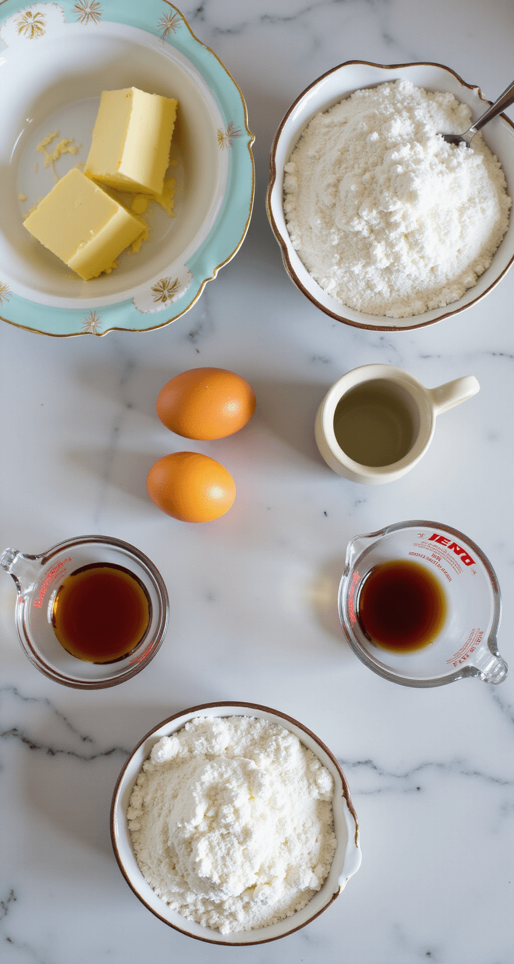 Close-up of baking ingredients on a marble countertop, featuring a vintage mixing bowl with creamed butter and sugar, fresh eggs, vanilla extract, and measured flour in glass containers, illuminated by soft natural light.