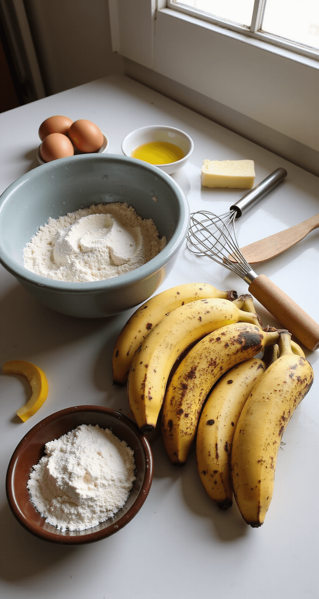 Sunlit kitchen counter with overripe bananas, mixing bowl, and baking ingredients, evoking a cozy atmosphere.