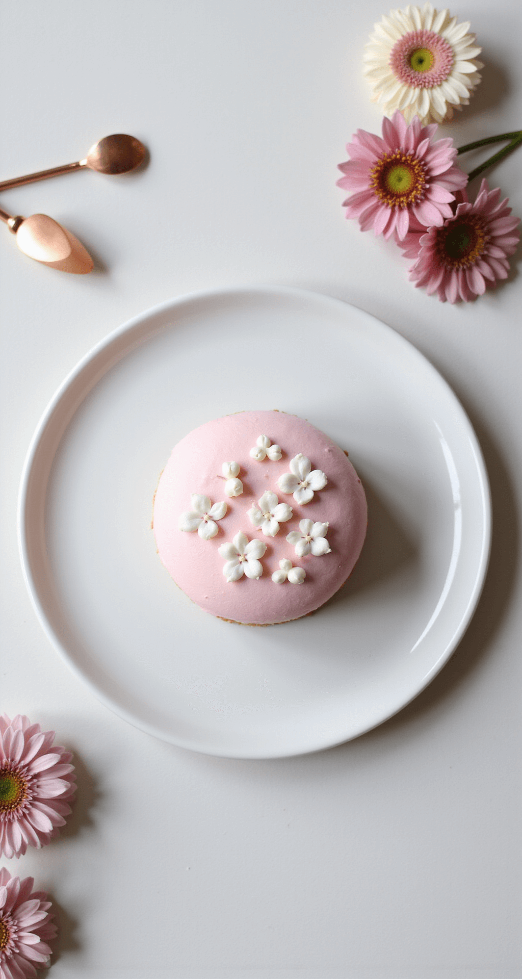 Overhead view of a 4-inch pastel pink bento cake with white floral decorations and edible pearls on a white ceramic plate, surrounded by fresh edible flowers and rose gold cake tools, illuminated by soft, diffused lighting.