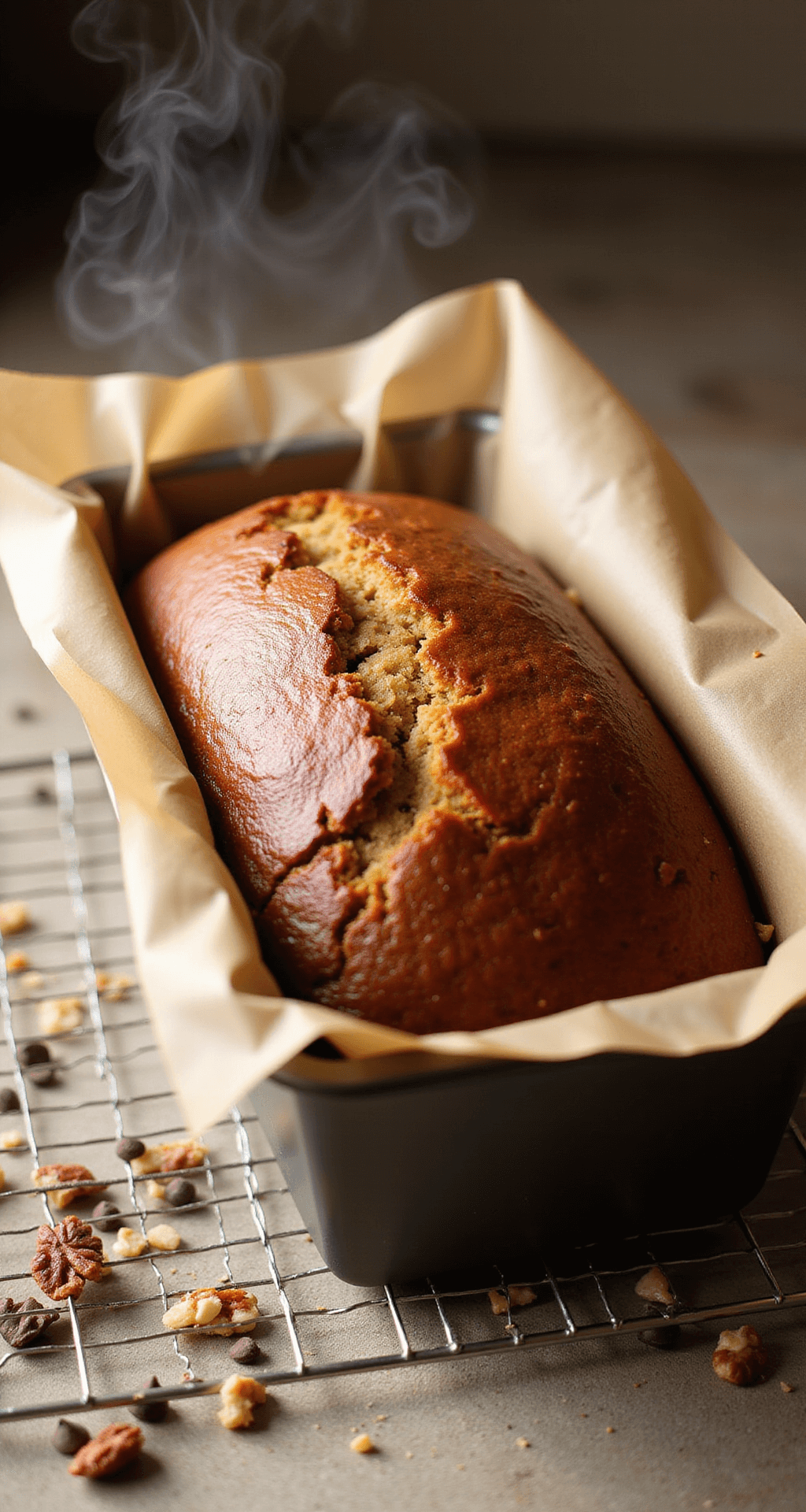 Golden-brown banana bread loaves releasing steam from parchment-lined pan, with nuts and chocolate chips on the counter.