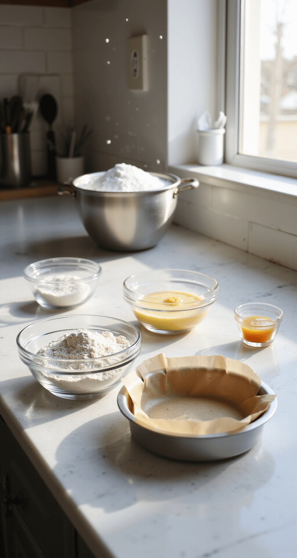 Sunlit kitchen workspace featuring measured ingredients in glass bowls, a lined cake pan, and baking tools, all illuminated by natural morning light.