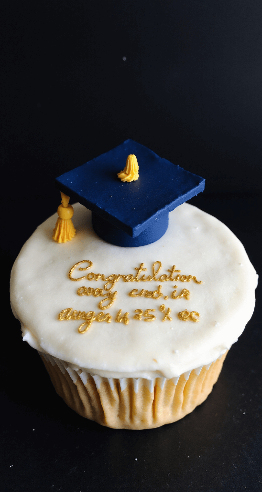 Close-up of a beautifully decorated 4-inch bento cake featuring smooth white buttercream frosting and a deep navy blue fondant graduation cap, accented with golden edible glitter and piped details in school colors, all against a matte black background.