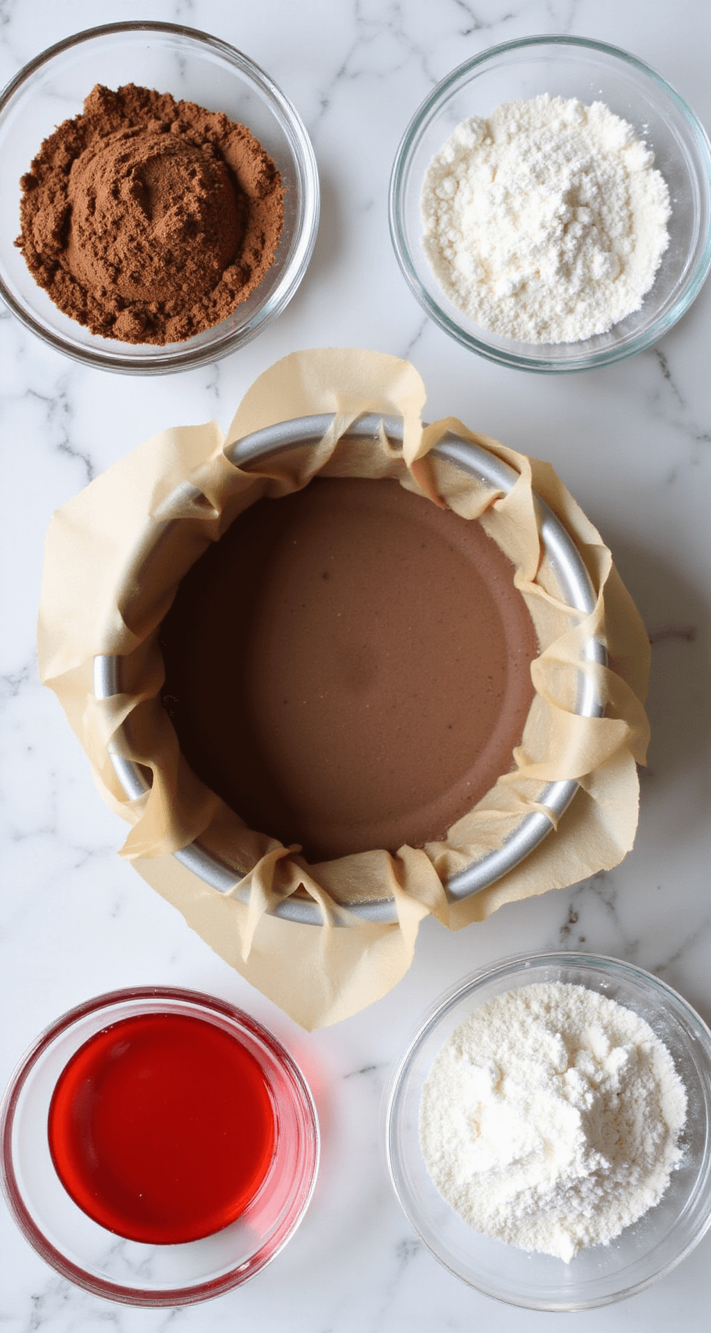 Close-up of baking preparations for red velvet cake on a marble countertop with a lined baking pan and ingredients in glass bowls.