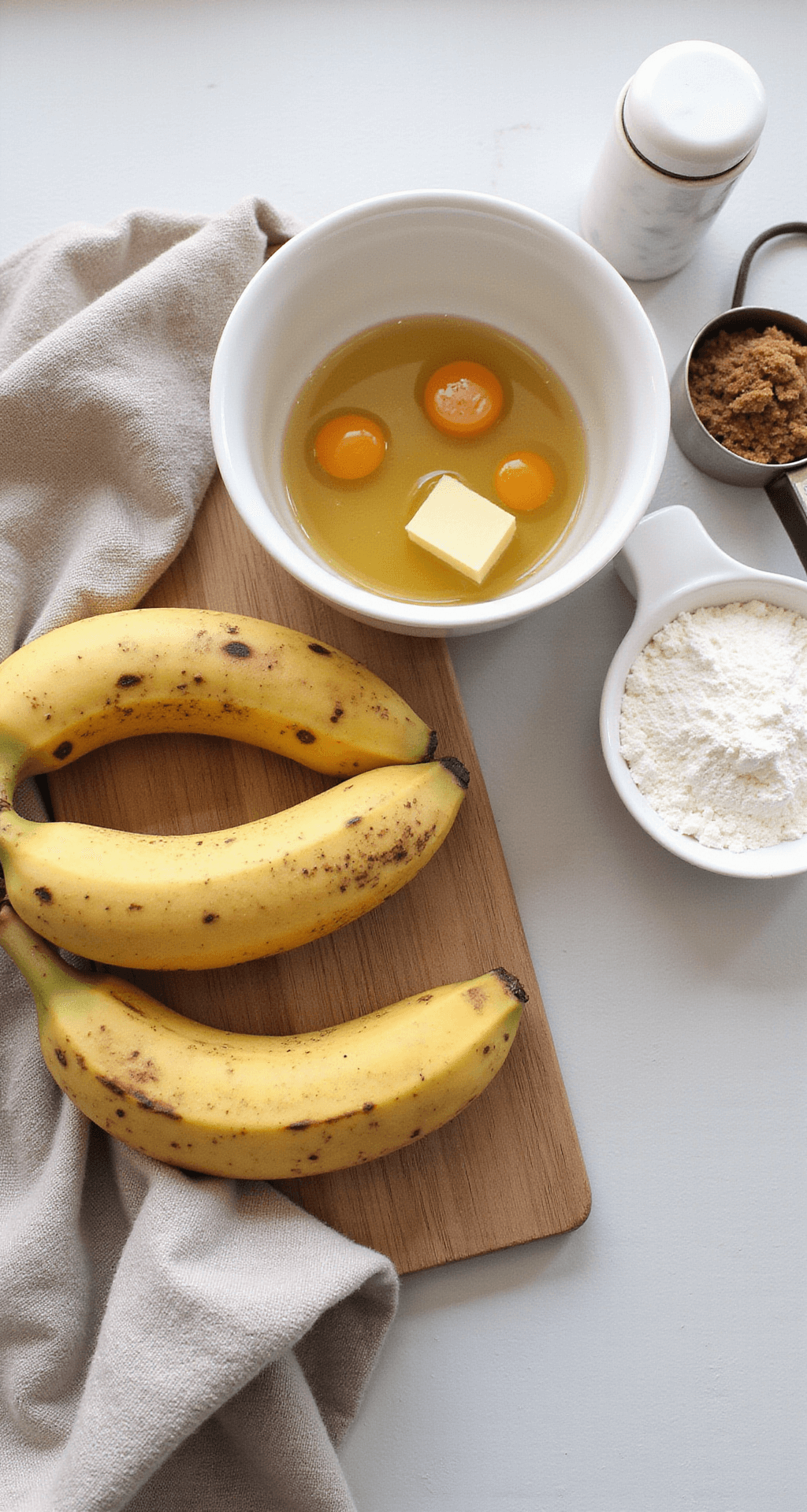 Close-up of a rustic kitchen workspace featuring overripe bananas, a ceramic mixing bowl, melted butter, eggs, and brown sugar on a vintage wooden cutting board, all illuminated by natural light.